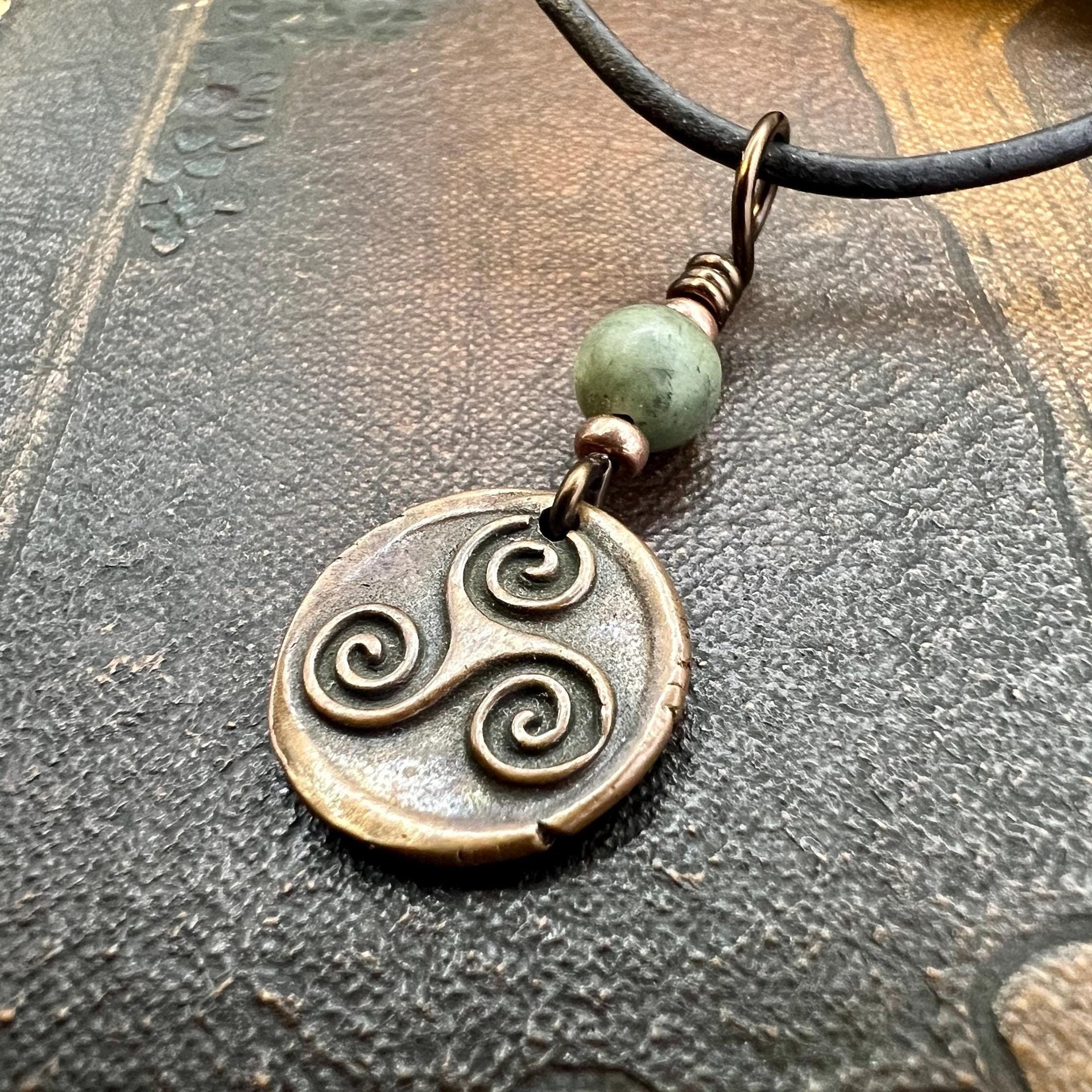 Triskele Charm, Copper Necklace, Wax Seal Charm, Connemara Marble, Irish Celtic Pagan, 7 Anniversary, Celtic Witch, Triskelion Triple Spiral