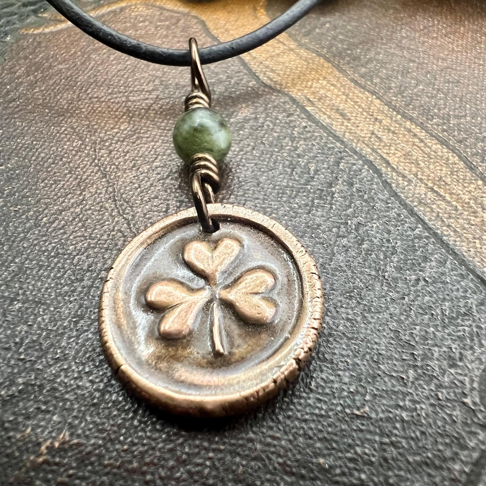 Shamrock Clover Charm, Copper Wax Seal Charm, Connemara Marble, Irish Celtic Jewelry, Leather & Vegan Cords, Handmade, Soul Harbor Jewelry