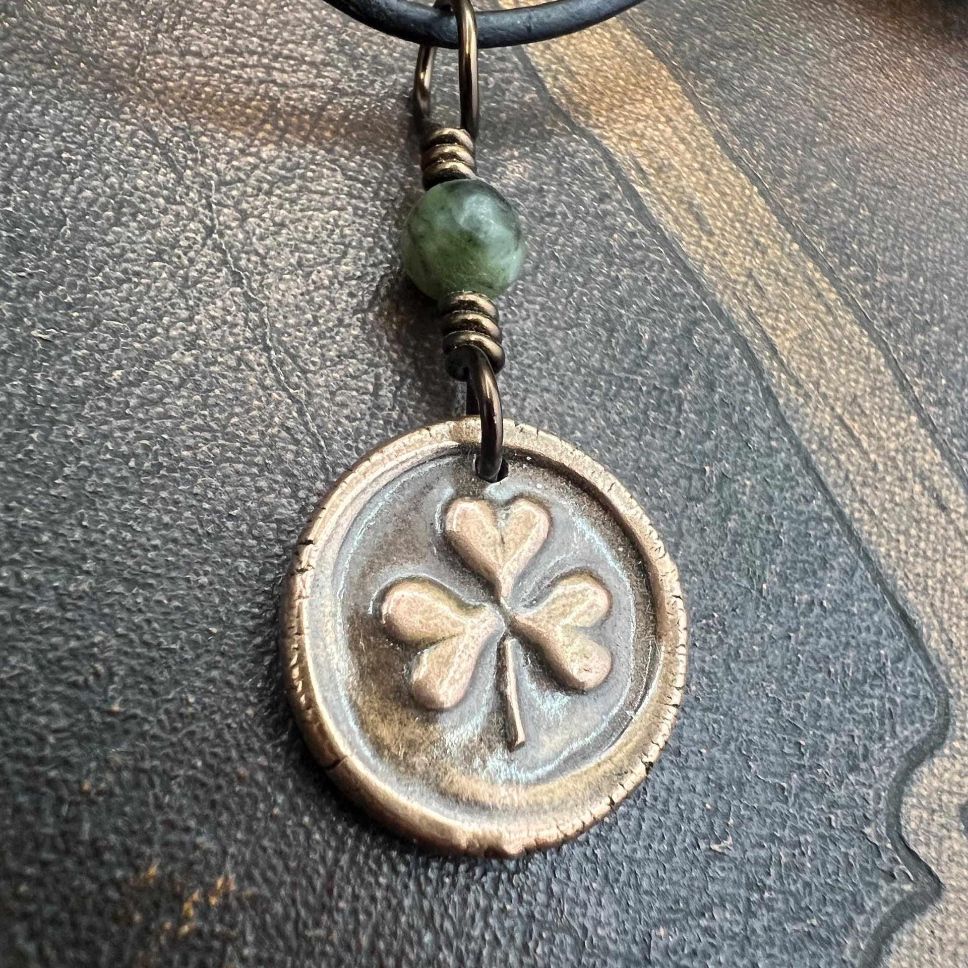 Shamrock Clover Charm, Copper Wax Seal Charm, Connemara Marble, Irish Celtic Jewelry, Leather & Vegan Cords, Handmade, Soul Harbor Jewelry