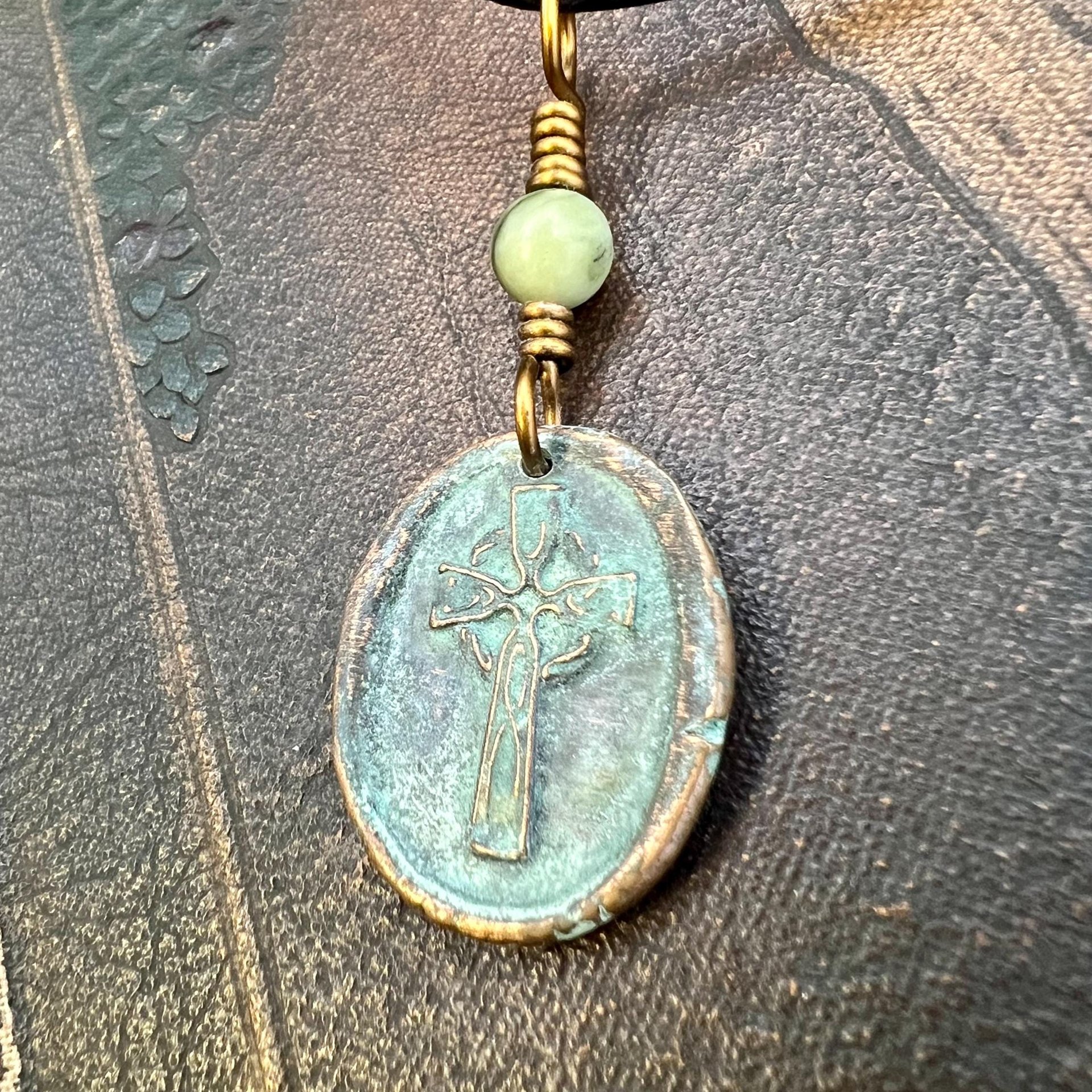 Copper Celtic Cross, Wax Seal Charm, Connemara Marble, Irish Celtic, Copper Cross Necklace, Leather Vegan Cord, Verdigris Patina, Aged Metal