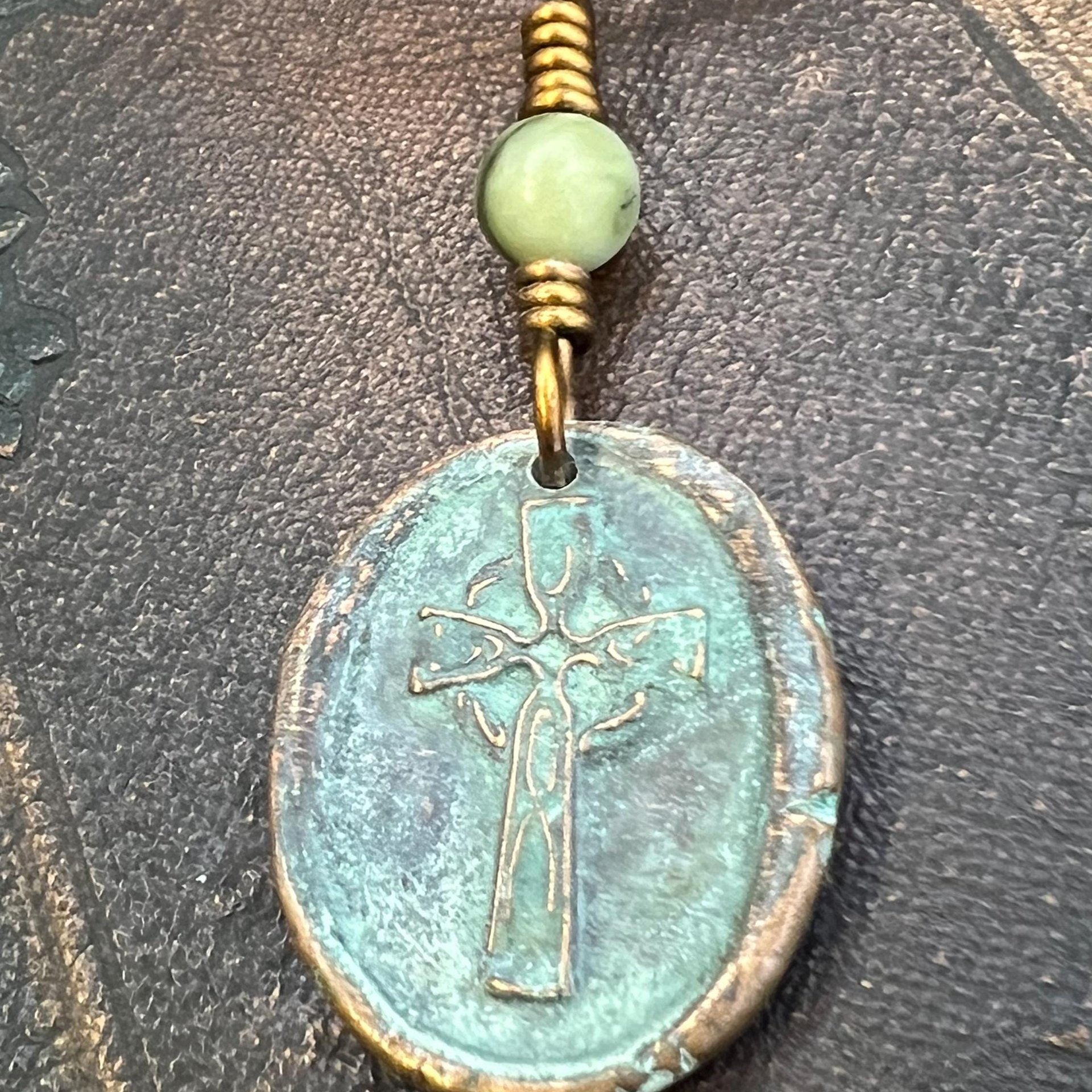 Copper Celtic Cross, Wax Seal Charm, Connemara Marble, Irish Celtic, Copper Cross Necklace, Leather Vegan Cord, Verdigris Patina, Aged Metal