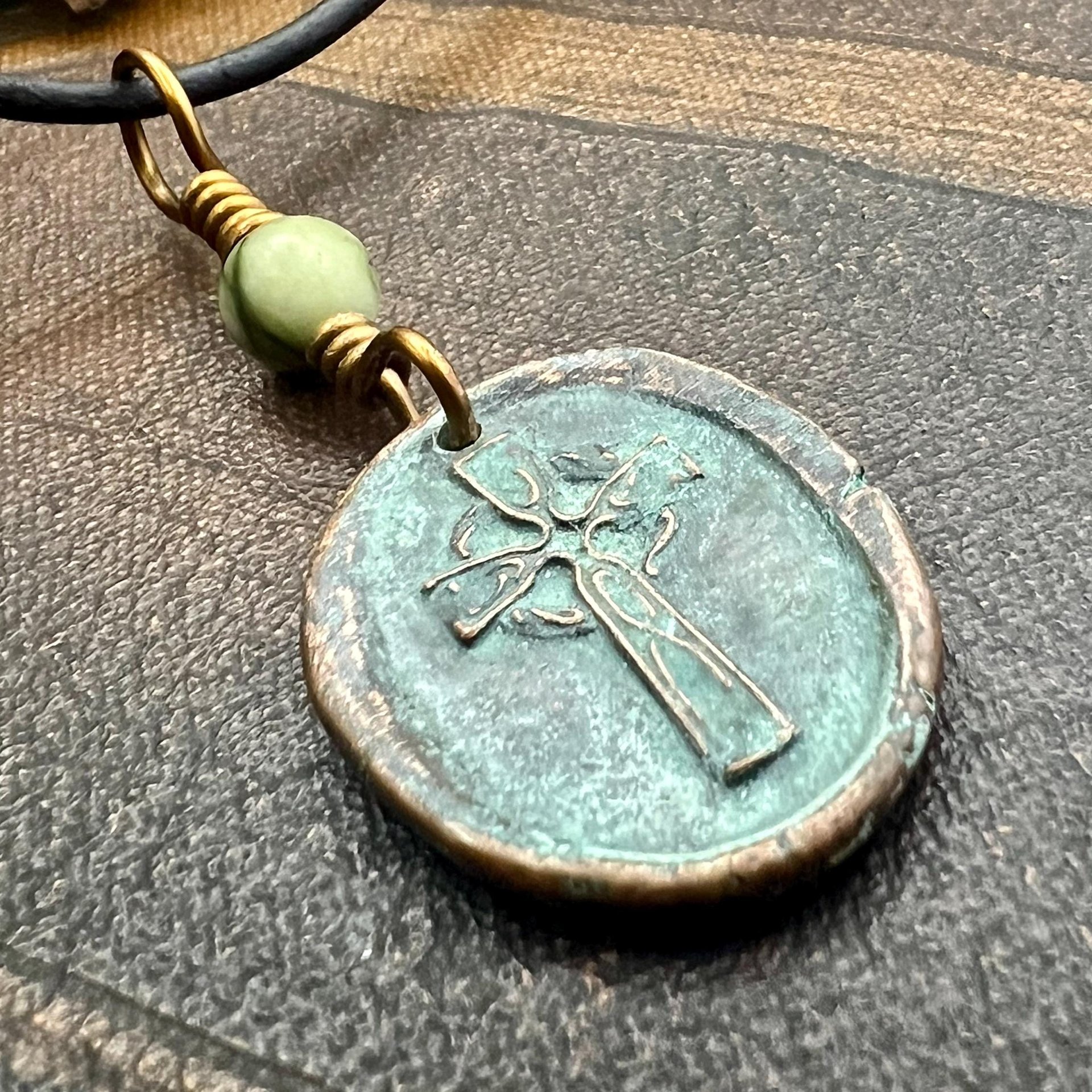 Copper Celtic Cross, Wax Seal Charm, Connemara Marble, Irish Celtic, Copper Cross Necklace, Leather Vegan Cord, Verdigris Patina, Aged Metal