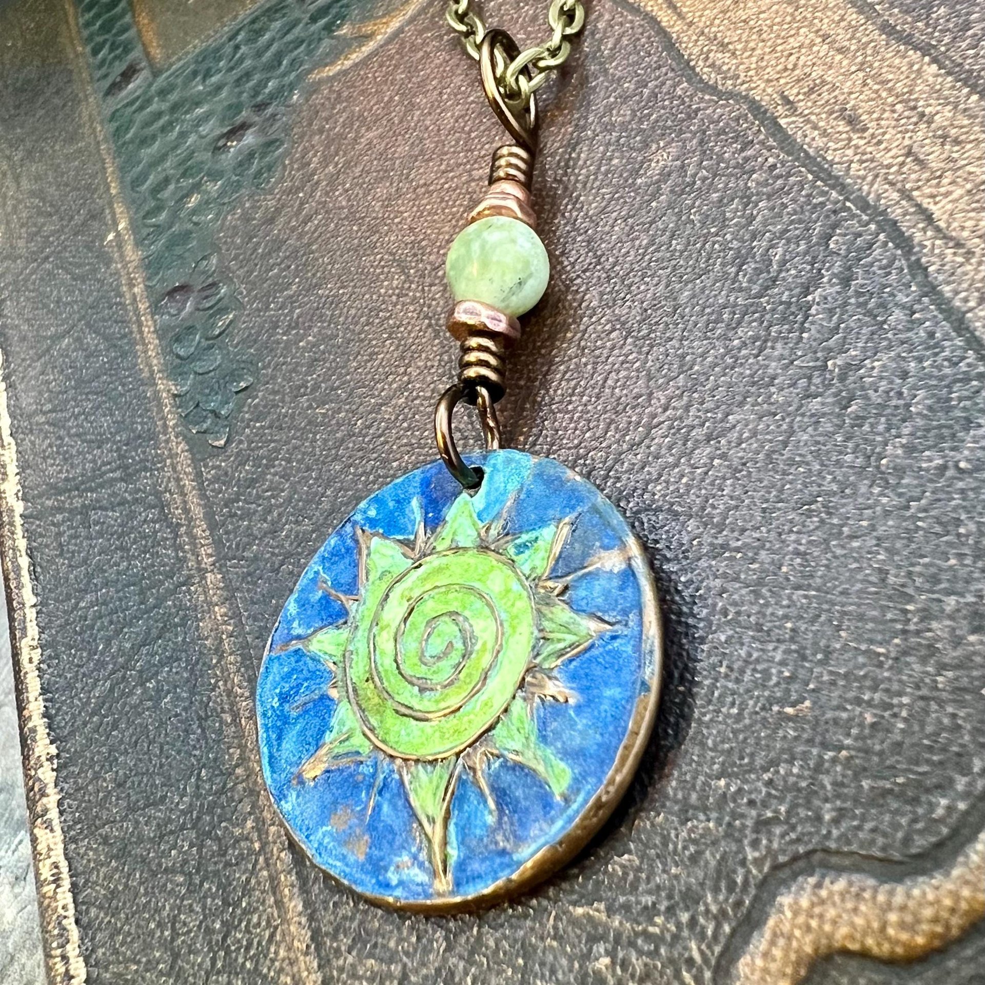 Celtic Sun Spiral Necklace, Copper Patina Pendant, Connemara Marble Bead, Irish Celtic Spirals, Colorful Sun, Pagan Celtic Witch, Handmade
