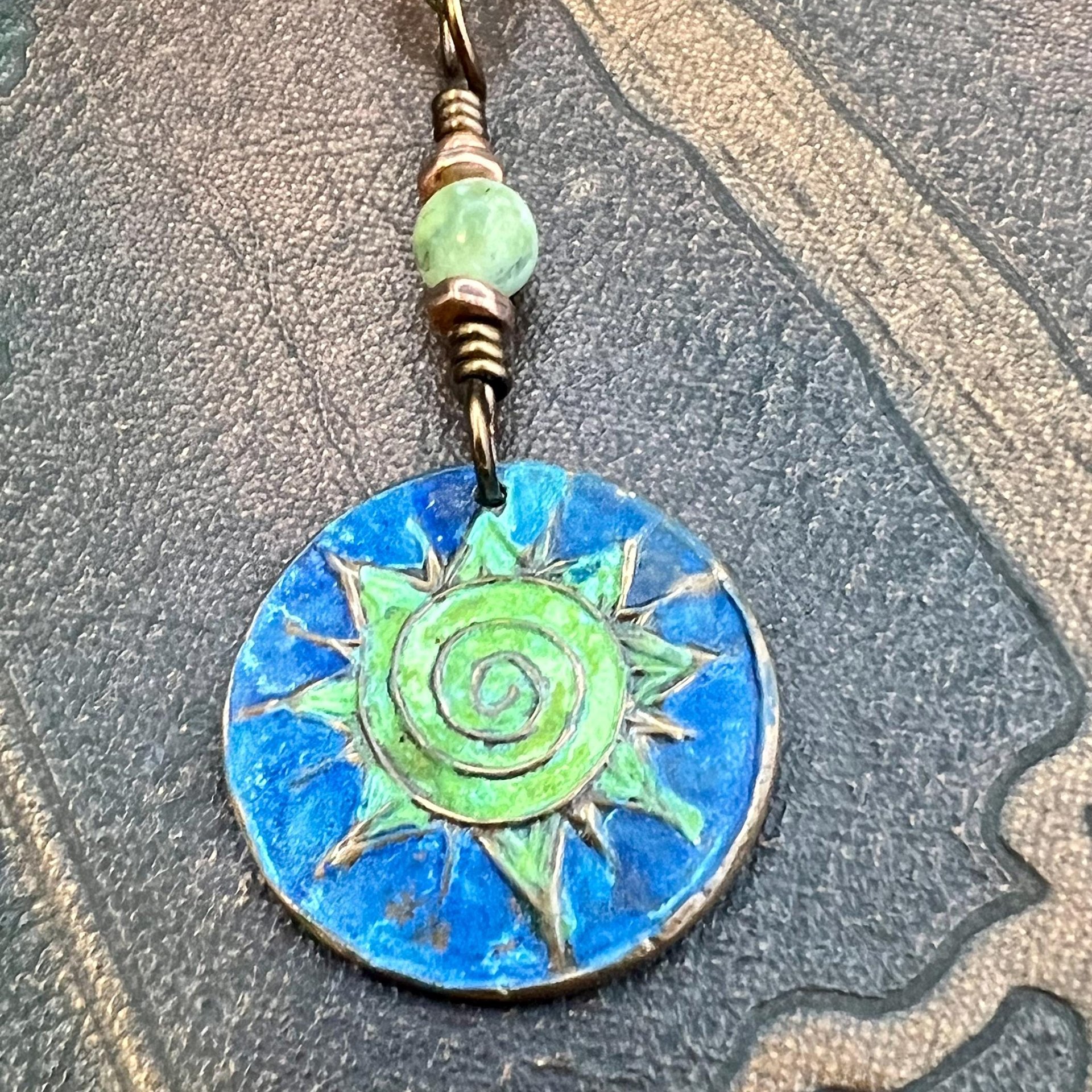 Celtic Sun Spiral Necklace, Copper Patina Pendant, Connemara Marble Bead, Irish Celtic Spirals, Colorful Sun, Pagan Celtic Witch, Handmade