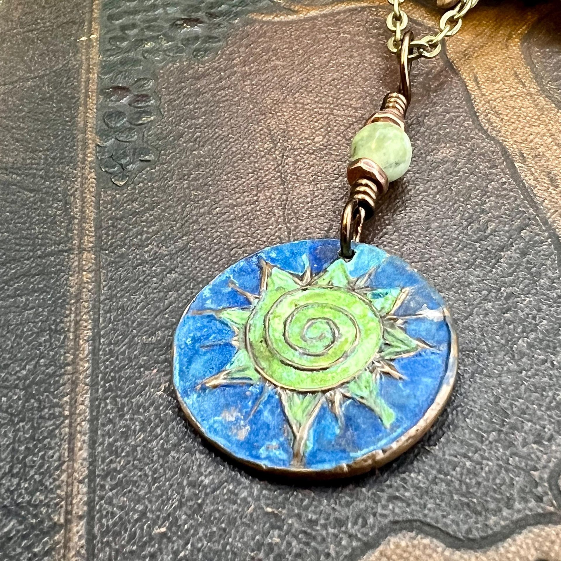 Celtic Sun Spiral Necklace, Copper Patina Pendant, Connemara Marble Bead, Irish Celtic Spirals, Colorful Sun, Pagan Celtic Witch, Handmade