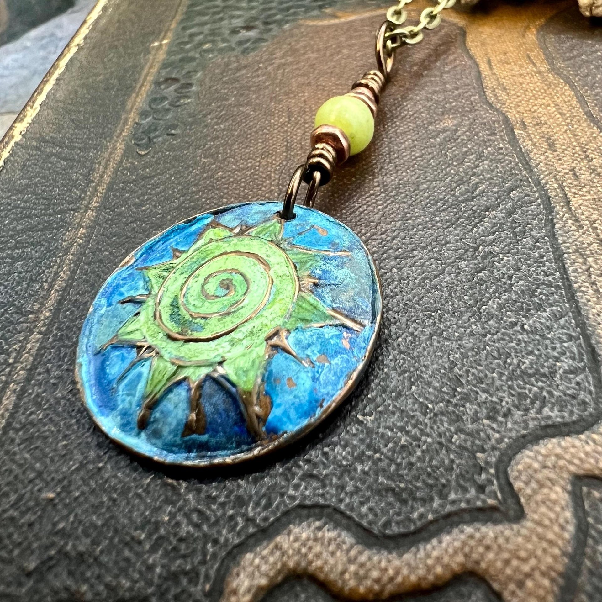Celtic Sun Spiral Necklace, Copper Patina Pendant, Connemara Marble Bead, Irish Celtic Spirals, Colorful Sun, Pagan Celtic Witch, Handmade