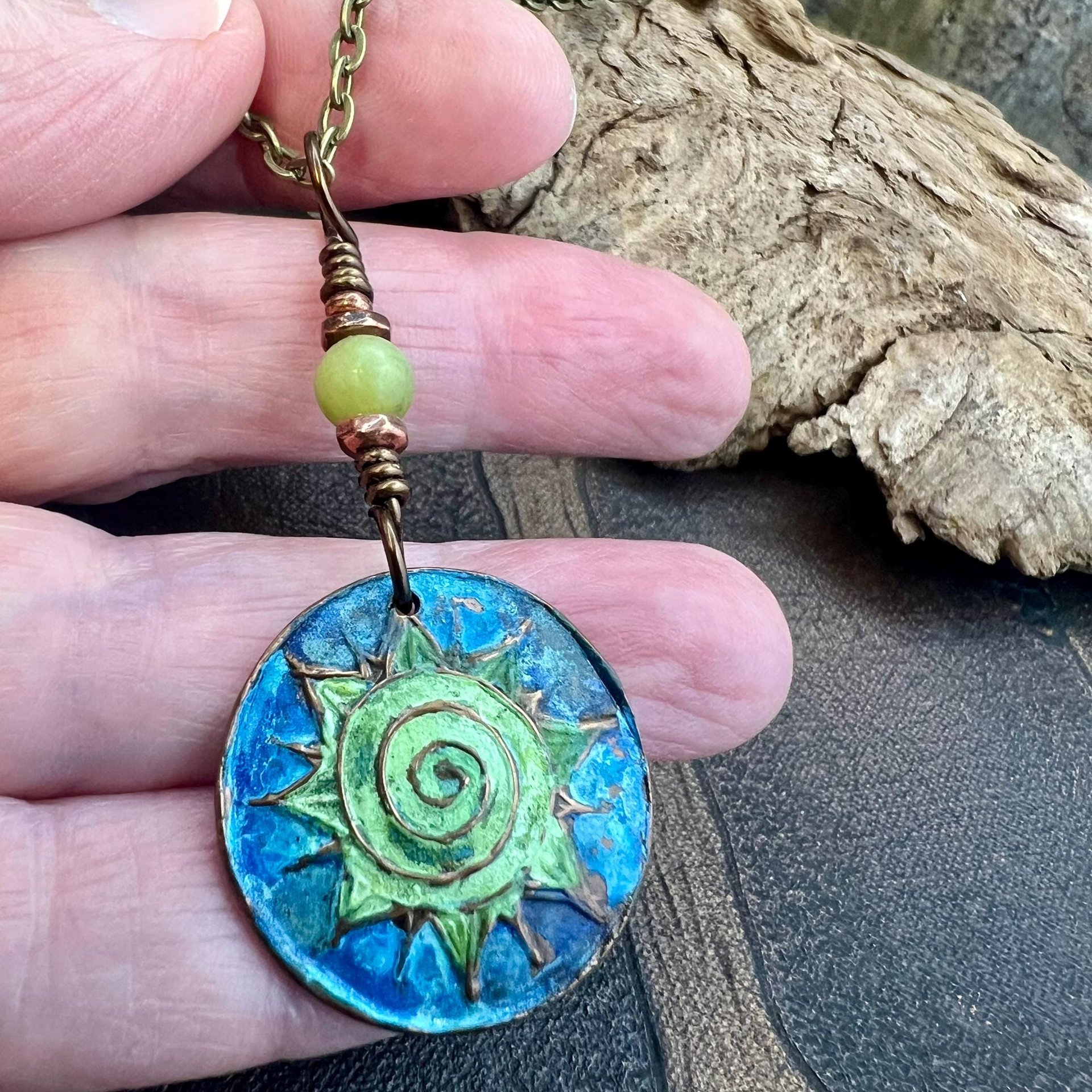 Celtic Sun Spiral Necklace, Copper Patina Pendant, Connemara Marble Bead, Irish Celtic Spirals, Colorful Sun, Pagan Celtic Witch, Handmade