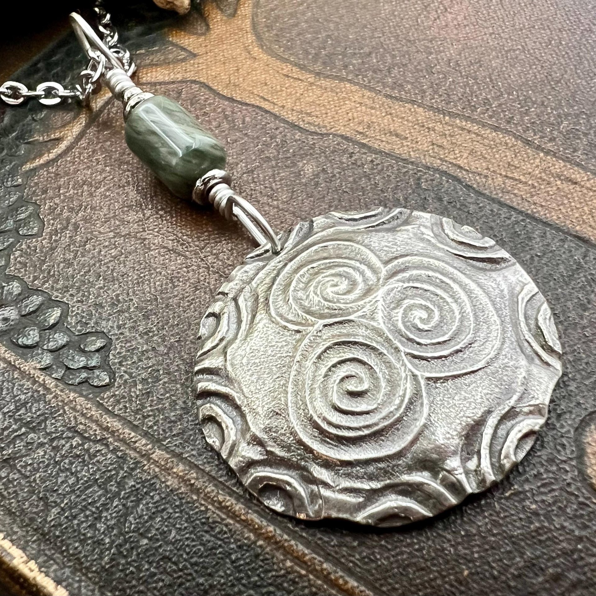 Newgrange Spirals, Sterling Silver Pendant, Connemara Marble, Irish Celtic, Triskele Triskelion, Triple Spiral, Celtic Pagan Witch, Handmade