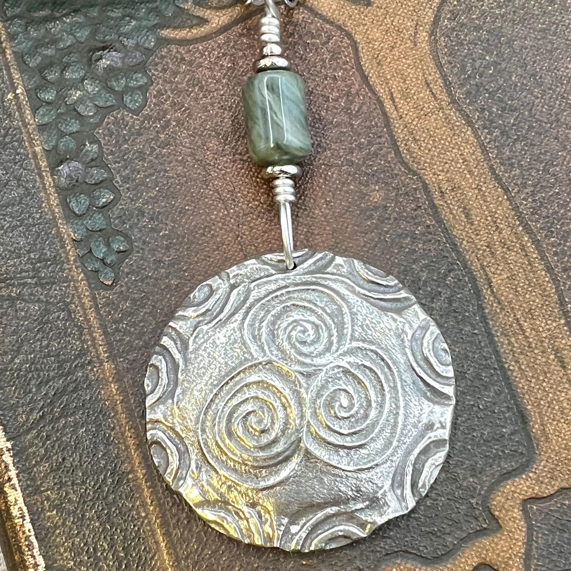 Newgrange Spirals, Sterling Silver Pendant, Connemara Marble, Irish Celtic, Triskele Triskelion, Triple Spiral, Celtic Pagan Witch, Handmade