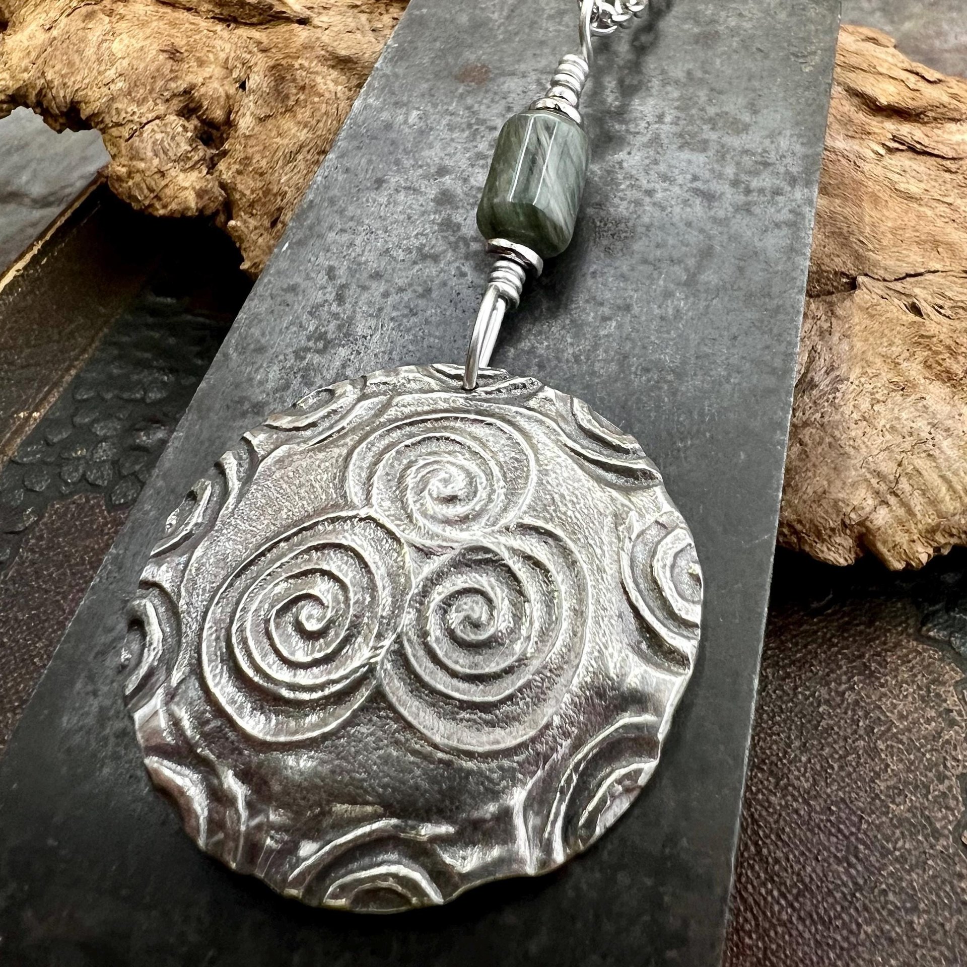 Newgrange Spirals, Sterling Silver Pendant, Connemara Marble, Irish Celtic, Triskele Triskelion, Triple Spiral, Celtic Pagan Witch, Handmade