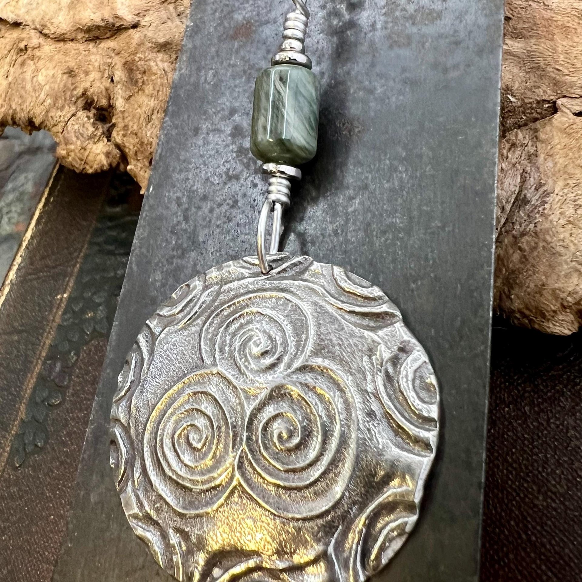 Newgrange Spirals, Sterling Silver Pendant, Connemara Marble, Irish Celtic, Triskele Triskelion, Triple Spiral, Celtic Pagan Witch, Handmade