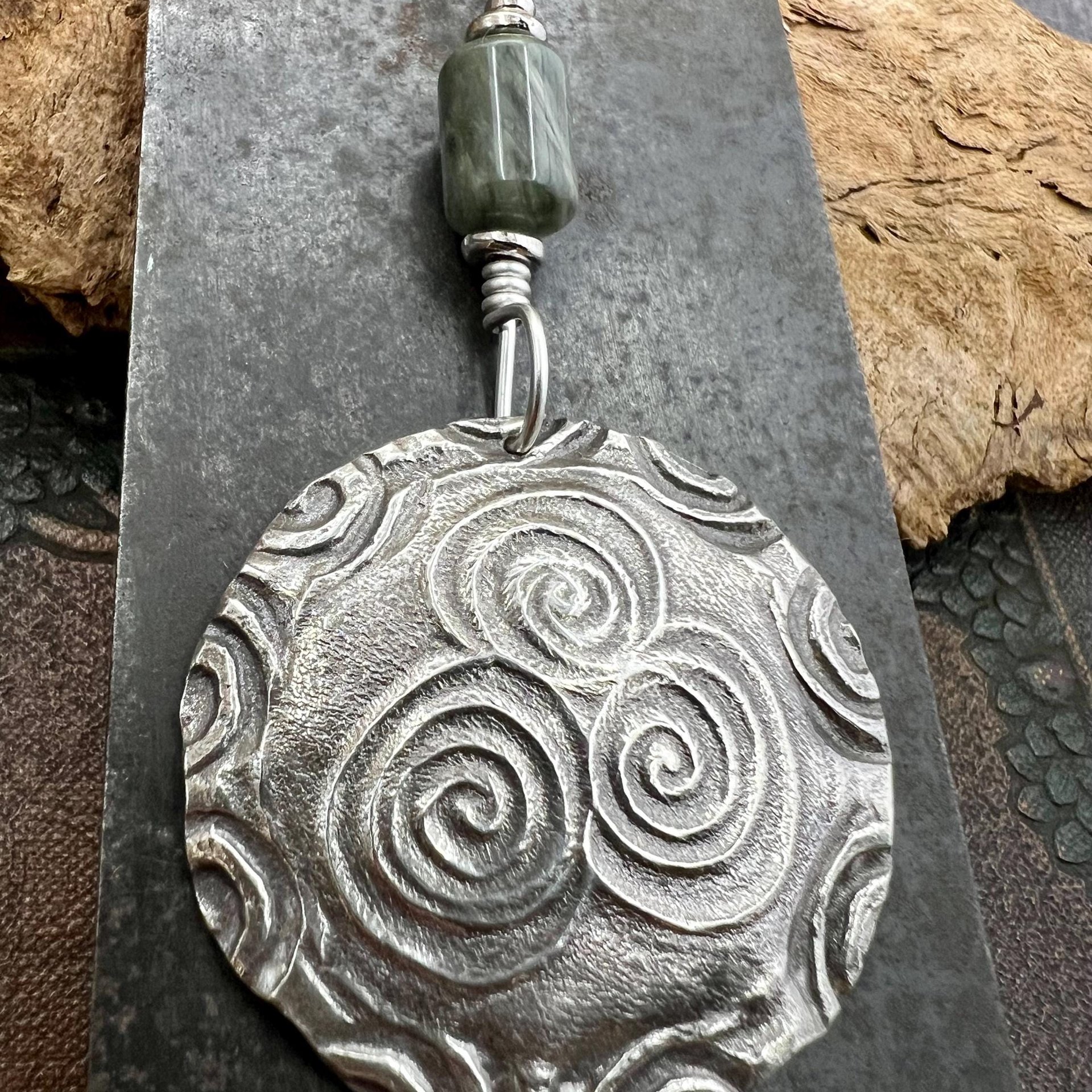 Newgrange Spirals, Sterling Silver Pendant, Connemara Marble, Irish Celtic, Triskele Triskelion, Triple Spiral, Celtic Pagan Witch, Handmade