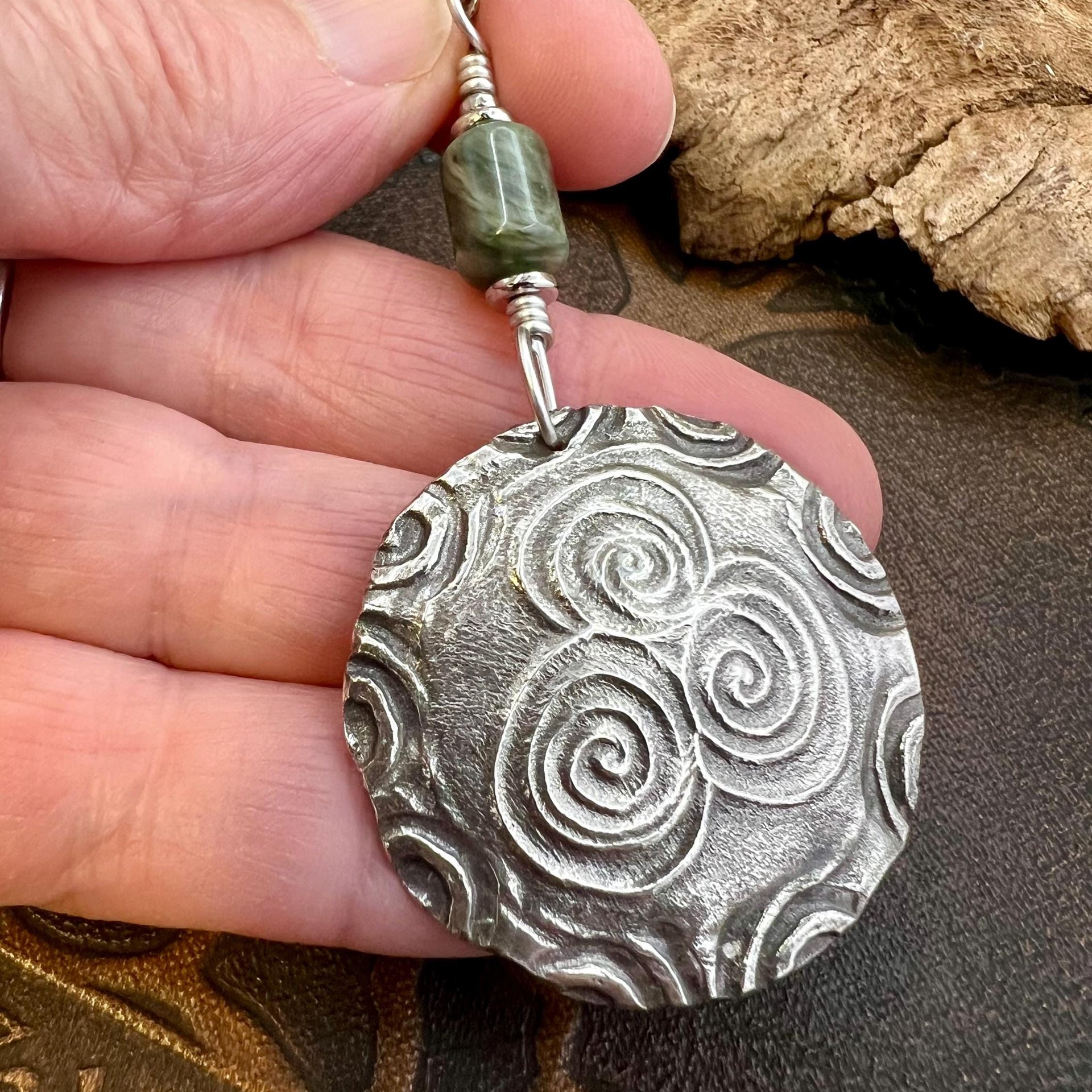 Newgrange Spirals, Sterling Silver Pendant, Connemara Marble, Irish Celtic, Triskele Triskelion, Triple Spiral, Celtic Pagan Witch, Handmade