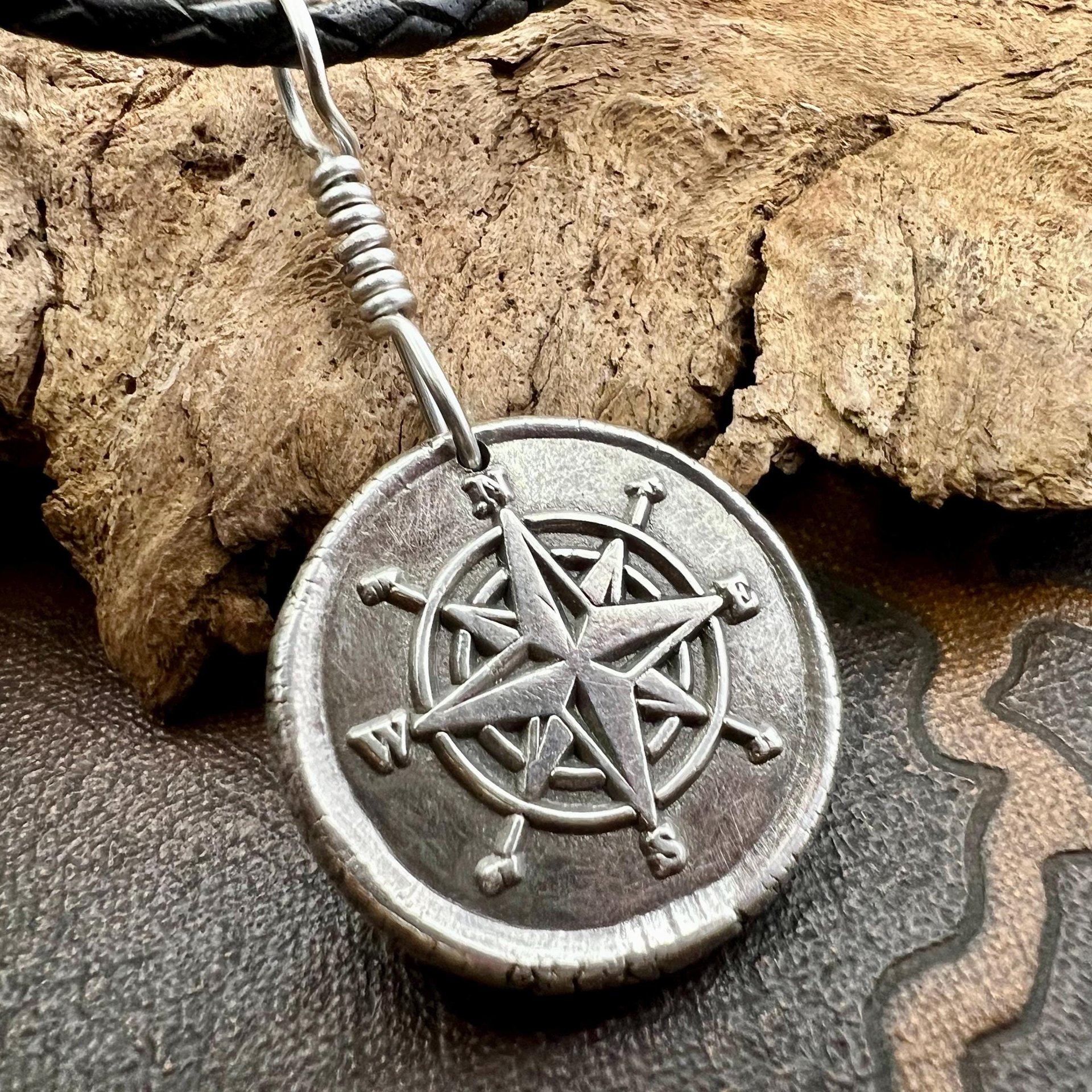 Compass Rose Charm, Sterling Silver Pendant, Wax Seal Charm, Sailing Nautical Jewelry, Guidance Journey Talisman, Handmade Art Jewelry
