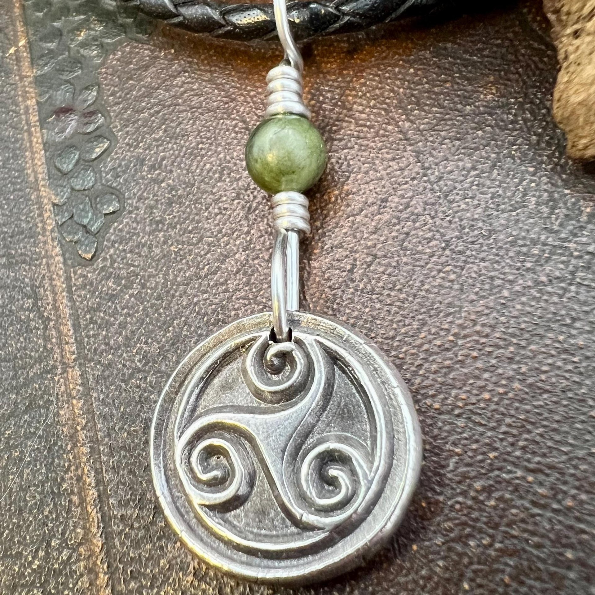 Sterling Silver Triskele, Connemara Marble Bead, Wax Seal Charm, Irish Celtic Jewelry, Triple Spiral, Triskelion, Triple Goddess, Trinity