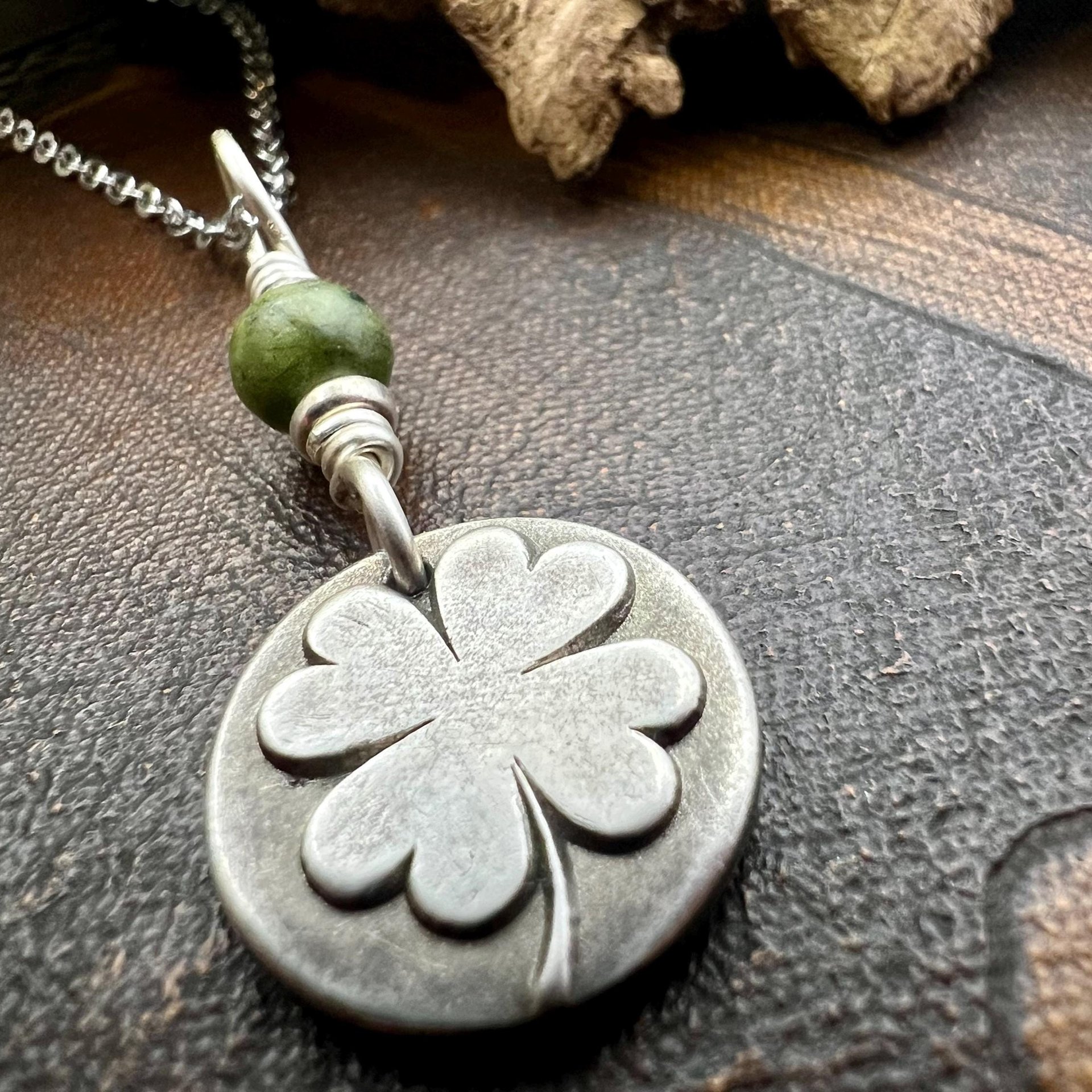 Four Leaf Clover, Sterling Silver, Wax Seal Charm, Connemara Marble, Irish Celtic Jewelry, Pagan Celtic Witch, 4 Leaf, Luck of the Irish