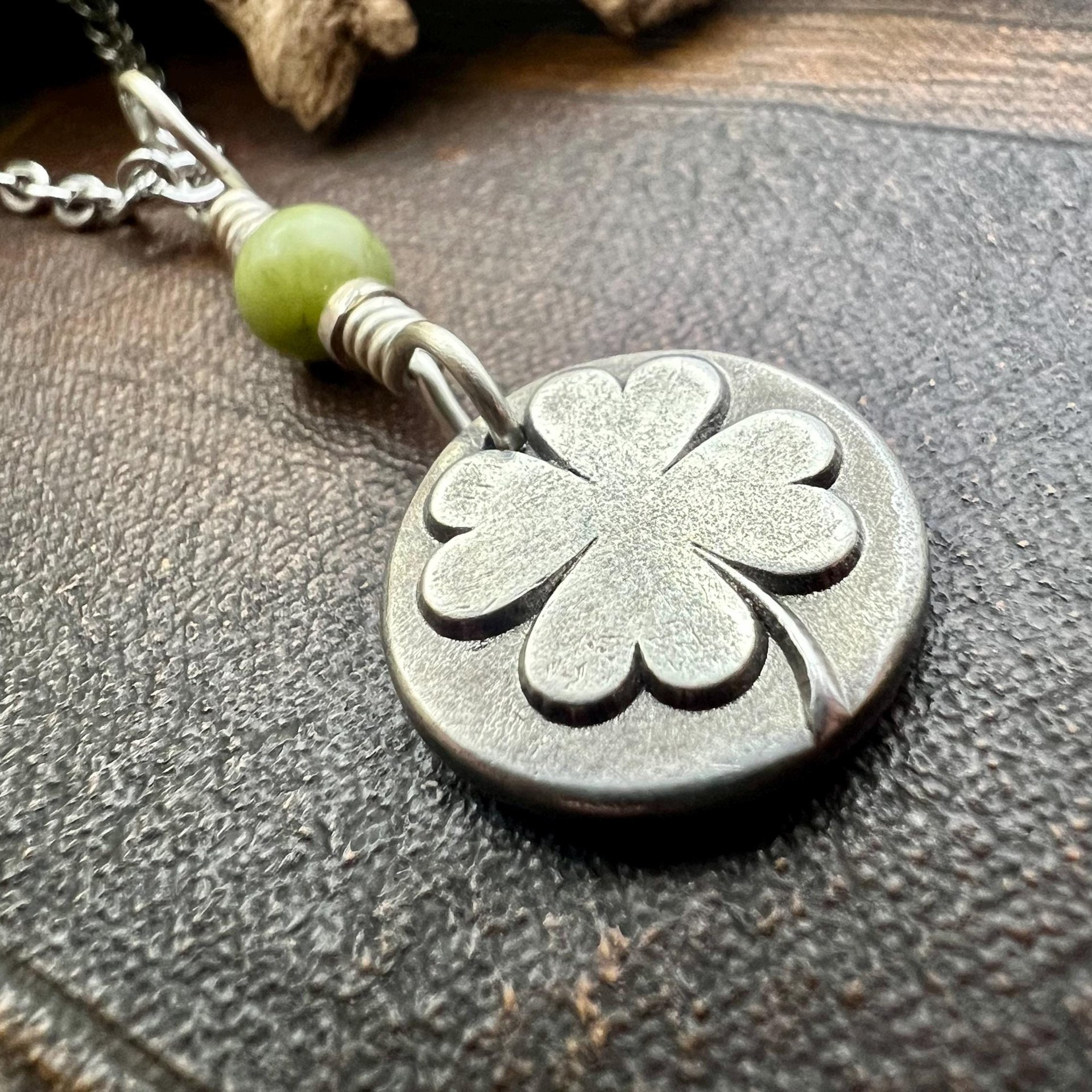 Four Leaf Clover, Sterling Silver, Wax Seal Charm, Connemara Marble, Irish Celtic Jewelry, Pagan Celtic Witch, 4 Leaf, Luck of the Irish