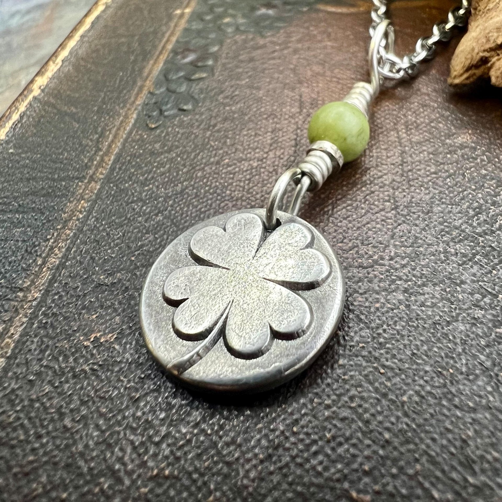 Four Leaf Clover, Sterling Silver, Wax Seal Charm, Connemara Marble, Irish Celtic Jewelry, Pagan Celtic Witch, 4 Leaf, Luck of the Irish