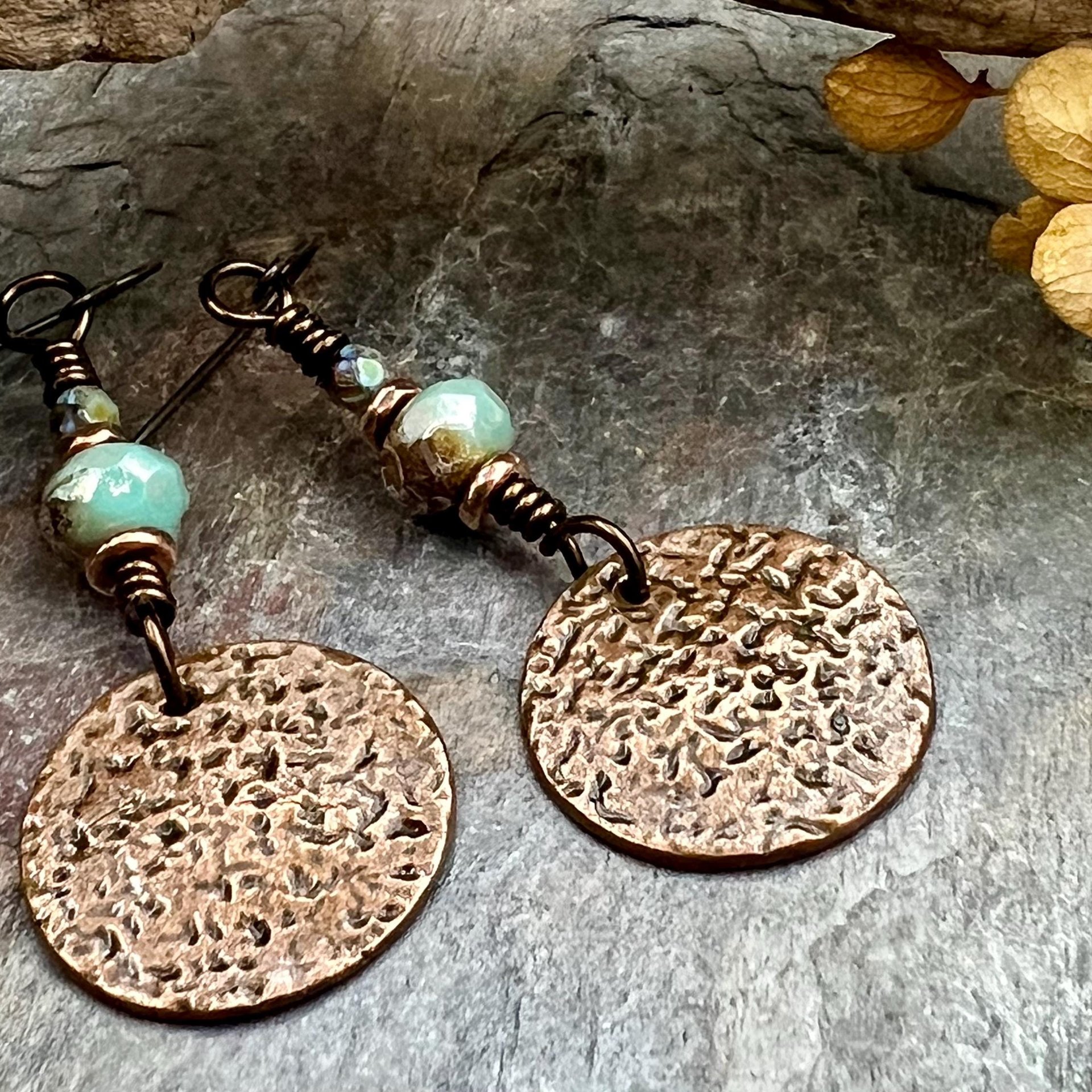 Copper Disc Earrings, Czech Glass Beads, Hypoallergenic Ear Wires, Earthy Tribal, Boho Chic Style, Dangle Discs, Soul Harbor Jewelry