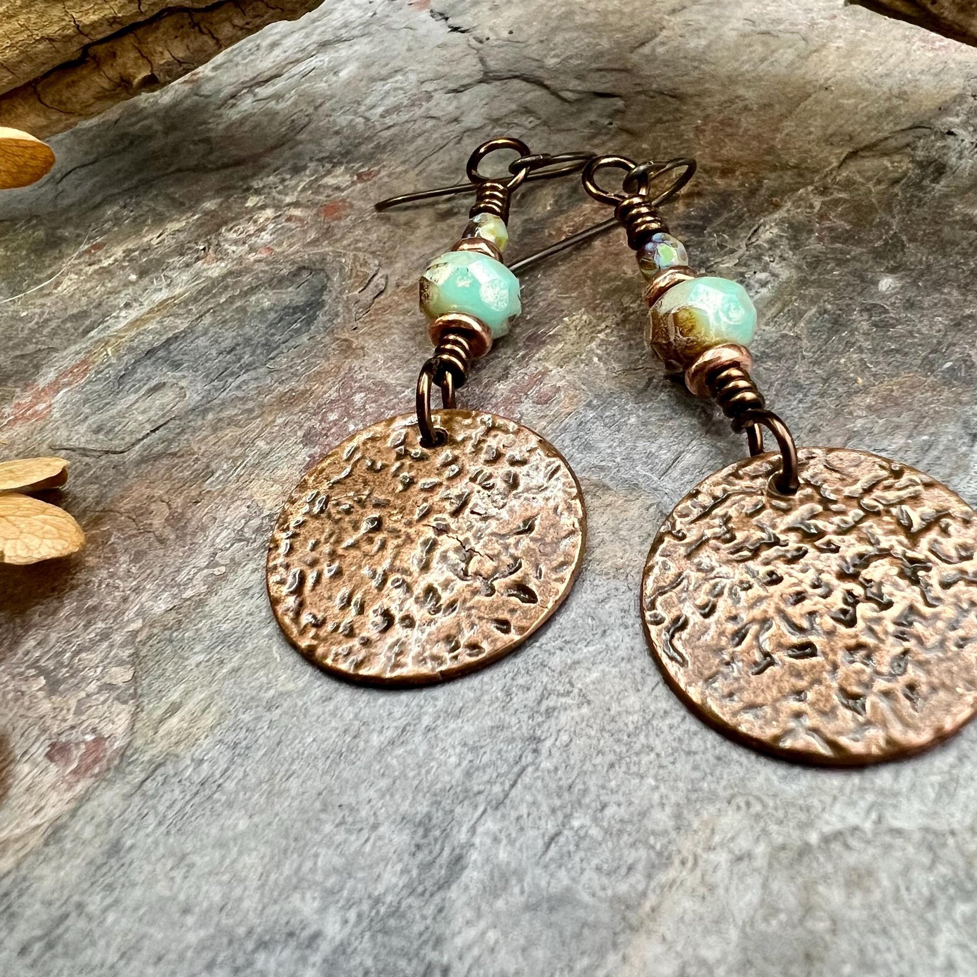 Copper Disc Earrings, Czech Glass Beads, Hypoallergenic Ear Wires, Earthy Tribal, Boho Chic Style, Dangle Discs, Soul Harbor Jewelry