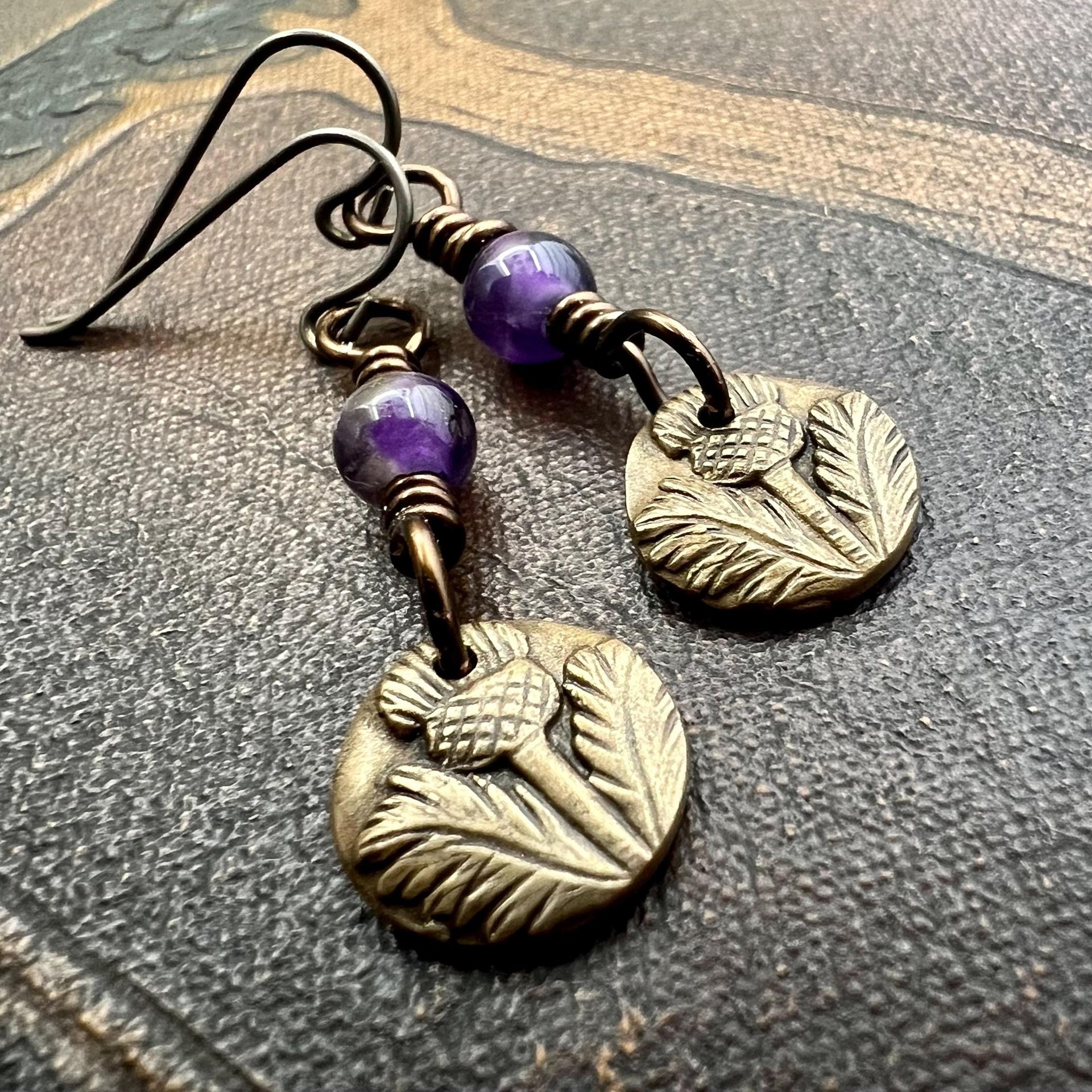 Scottish Thistle Earrings, Outlander Jewelry, Bronze Anniversary, Gifts for Her, Scotland Gifts, Amethyst Beaded Earrings