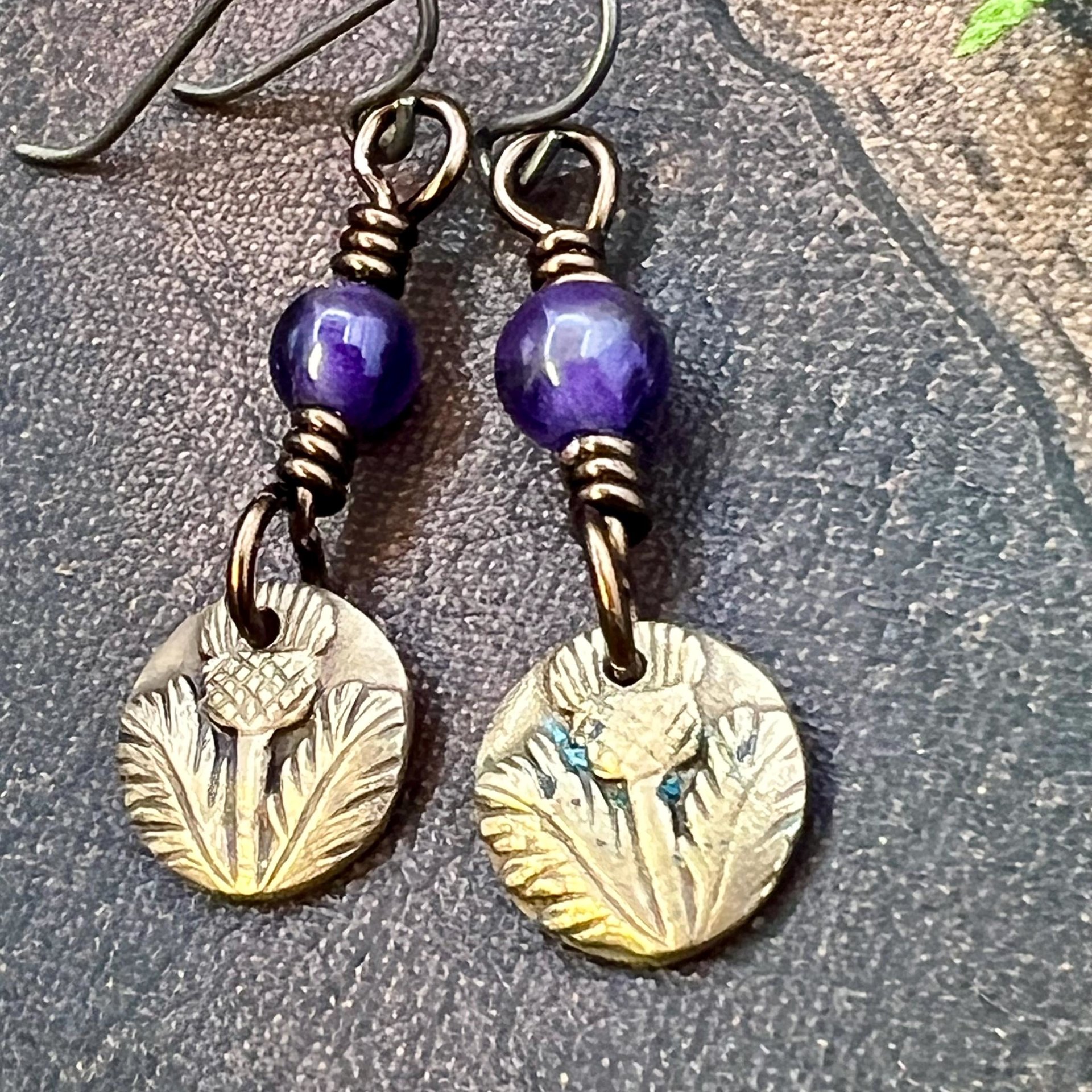 Scottish Thistle Earrings, Outlander Jewelry, Bronze Anniversary, Gifts for Her, Scotland Gifts, Amethyst Beaded Earrings