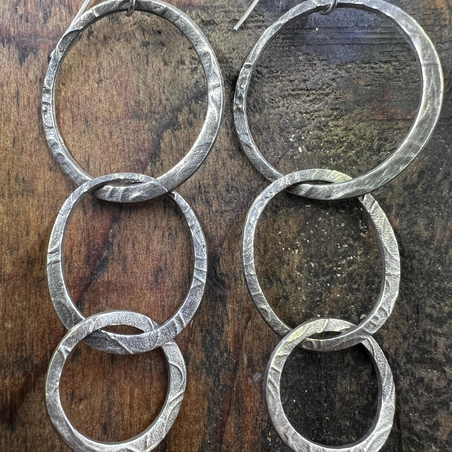 Triple Hoop Sterling Silver Earrings, Hypoallergenic Ear Wires, Long Statement Earrings, Hoop Dangles, Fun Jewelry, Earthy Rustic, Boho Chic
