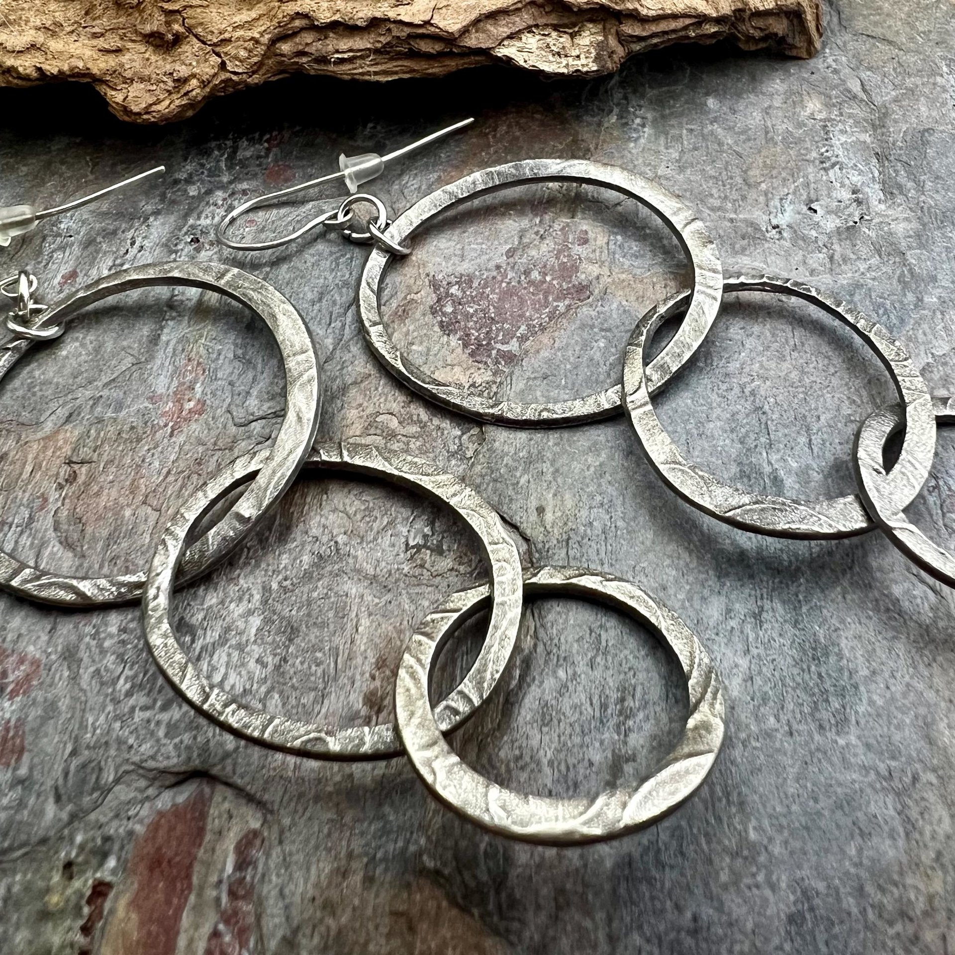 Triple Hoop Sterling Silver Earrings, Hypoallergenic Ear Wires, Long Statement Earrings, Hoop Dangles, Fun Jewelry, Earthy Rustic, Boho Chic
