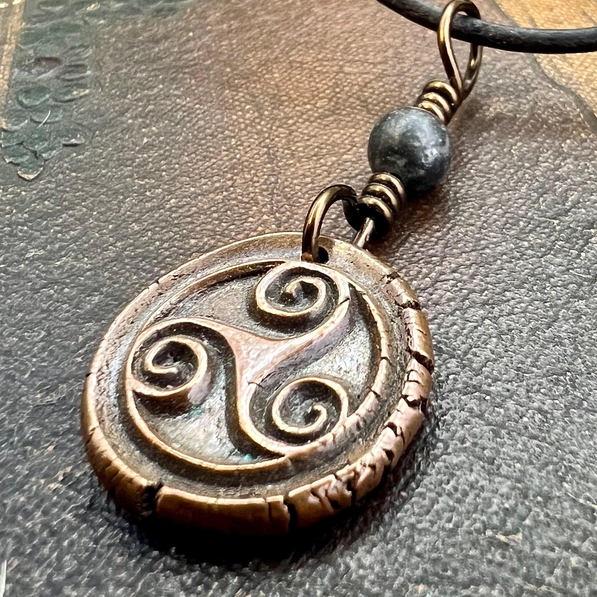 Triskele Charm, Copper Necklace, Wax Seal Charm, Connemara Marble, Irish Celtic Pagan, 7 Anniversary, Celtic Witch, Triskelion Triple Spiral