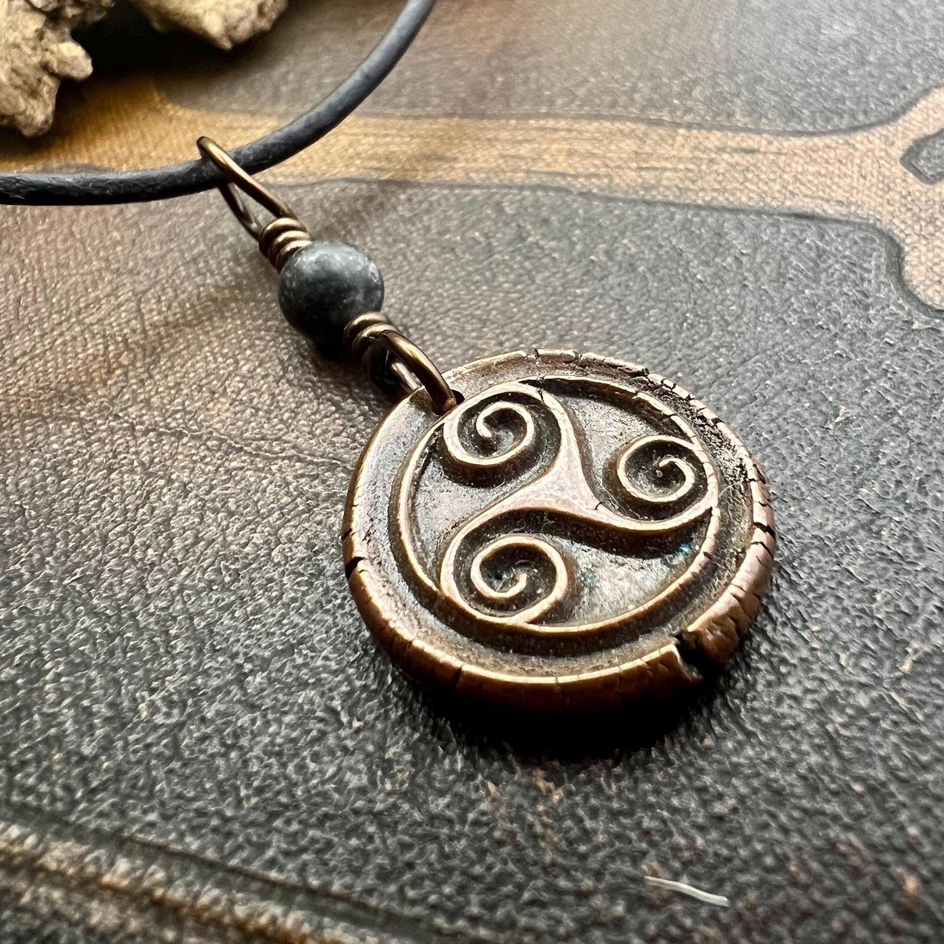 Triskele Charm, Copper Necklace, Wax Seal Charm, Connemara Marble, Irish Celtic Pagan, 7 Anniversary, Celtic Witch, Triskelion Triple Spiral