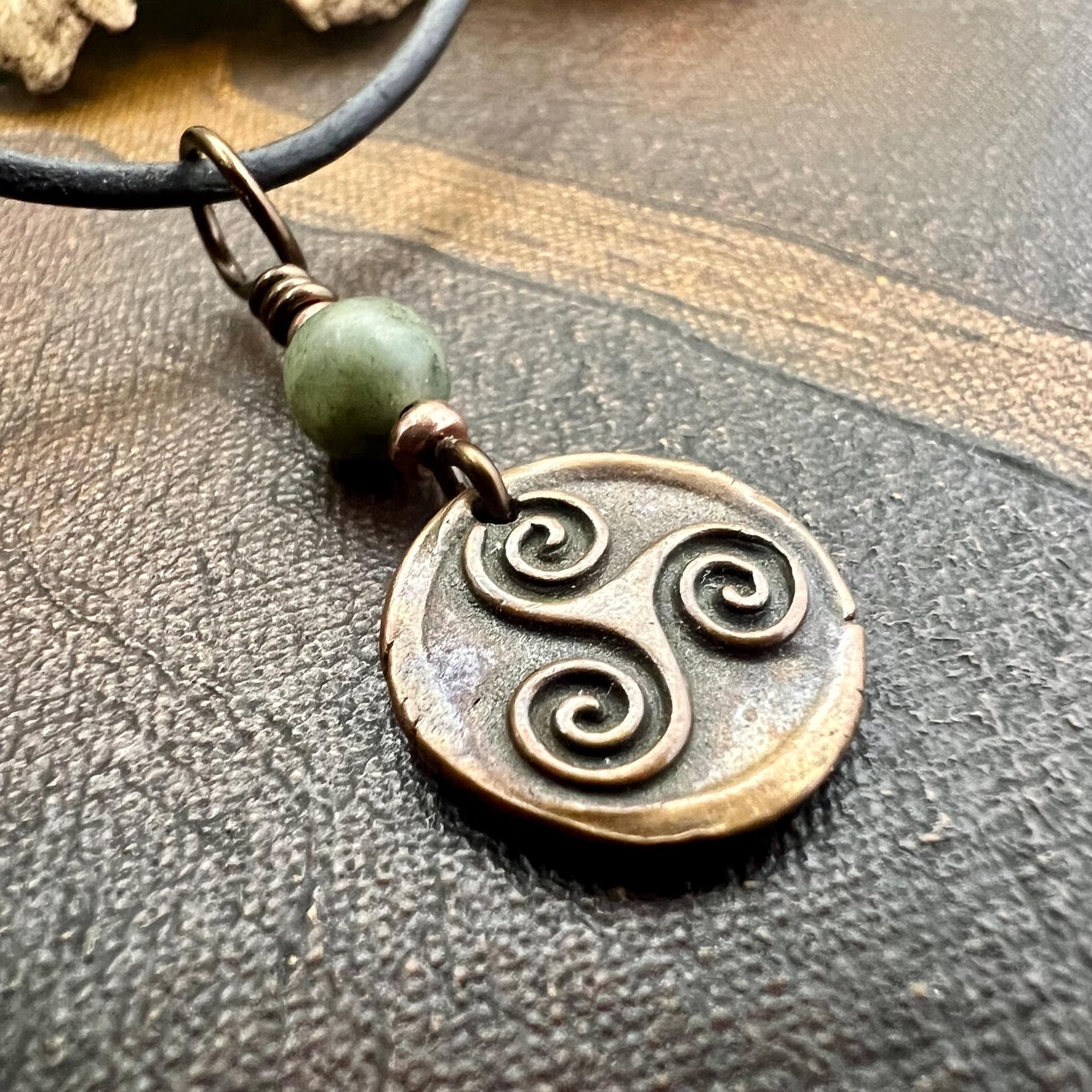 Triskele Charm, Copper Necklace, Wax Seal Charm, Connemara Marble, Irish Celtic Pagan, 7 Anniversary, Celtic Witch, Triskelion Triple Spiral