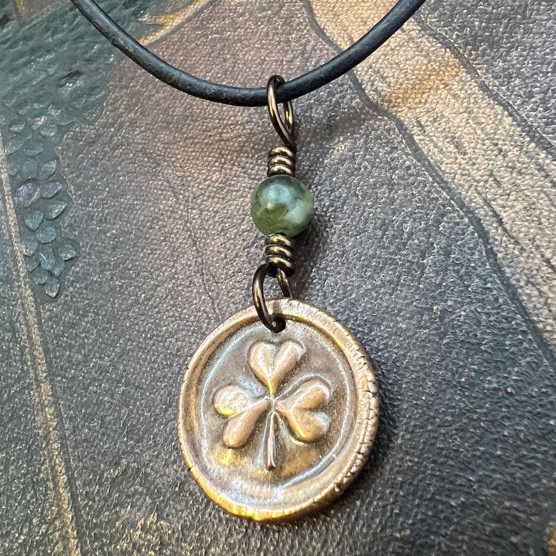 Shamrock Clover Charm, Copper Wax Seal Charm, Connemara Marble, Irish Celtic Jewelry, Leather & Vegan Cords, Handmade, Soul Harbor Jewelry