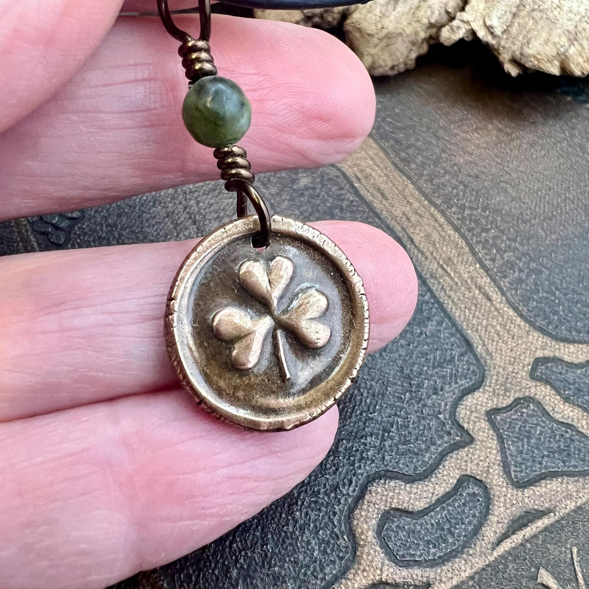 Shamrock Clover Charm, Copper Wax Seal Charm, Connemara Marble, Irish Celtic Jewelry, Leather & Vegan Cords, Handmade, Soul Harbor Jewelry
