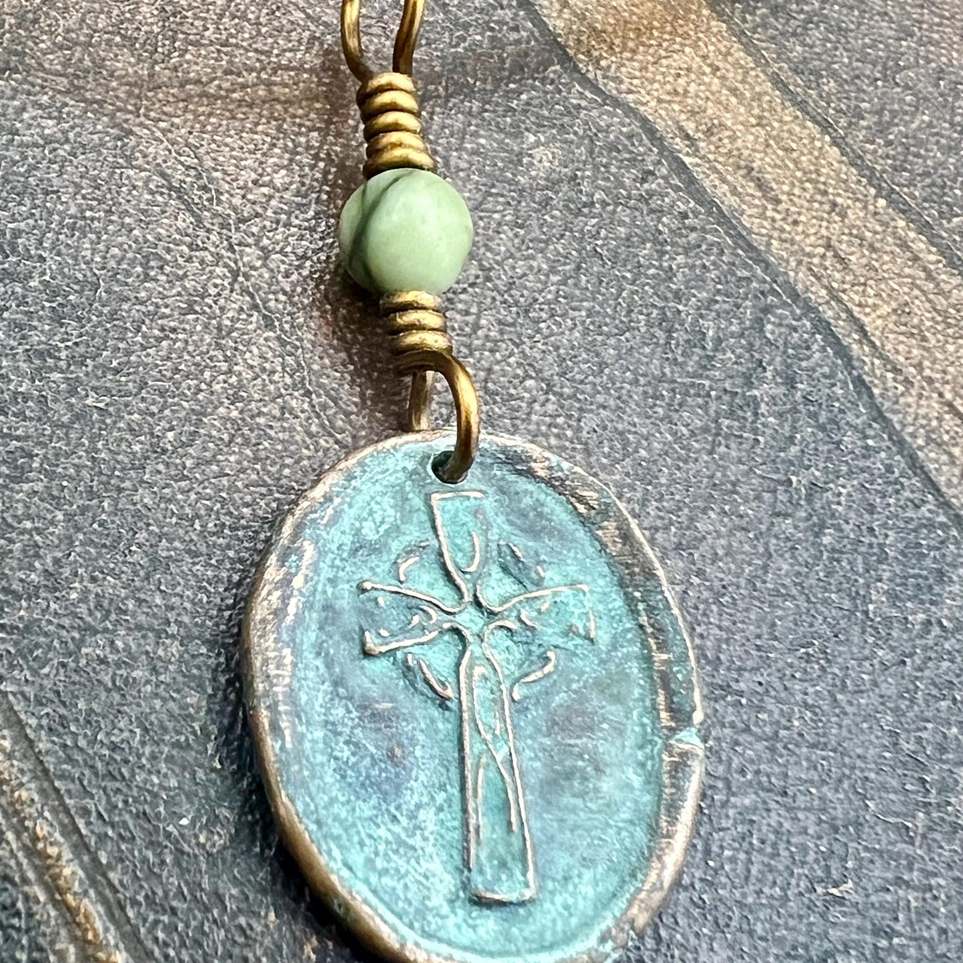 Copper Celtic Cross, Wax Seal Charm, Connemara Marble, Irish Celtic, Copper Cross Necklace, Leather Vegan Cord, Verdigris Patina, Aged Metal