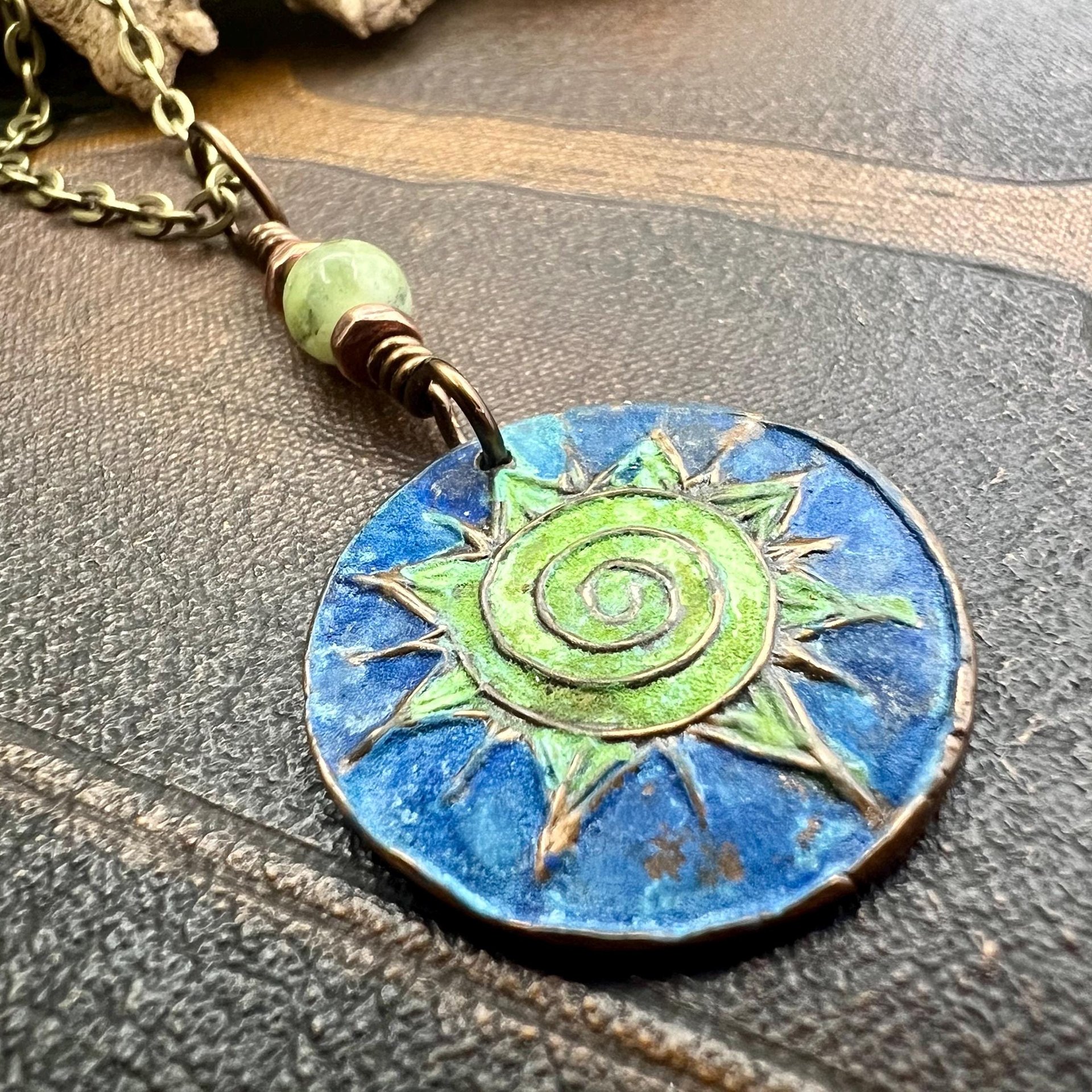 Celtic Sun Spiral Necklace, Copper Patina Pendant, Connemara Marble Bead, Irish Celtic Spirals, Colorful Sun, Pagan Celtic Witch, Handmade