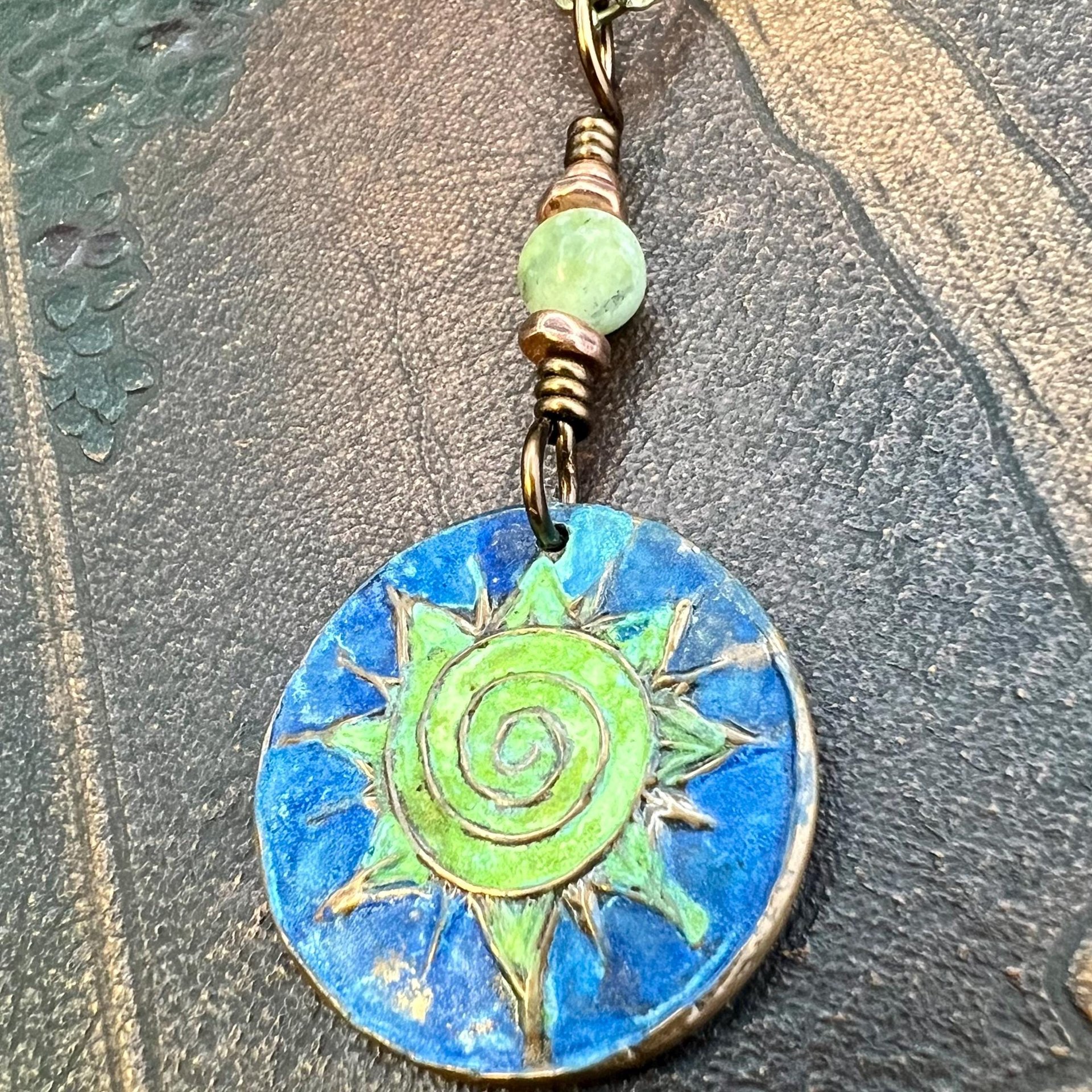 Celtic Sun Spiral Necklace, Copper Patina Pendant, Connemara Marble Bead, Irish Celtic Spirals, Colorful Sun, Pagan Celtic Witch, Handmade