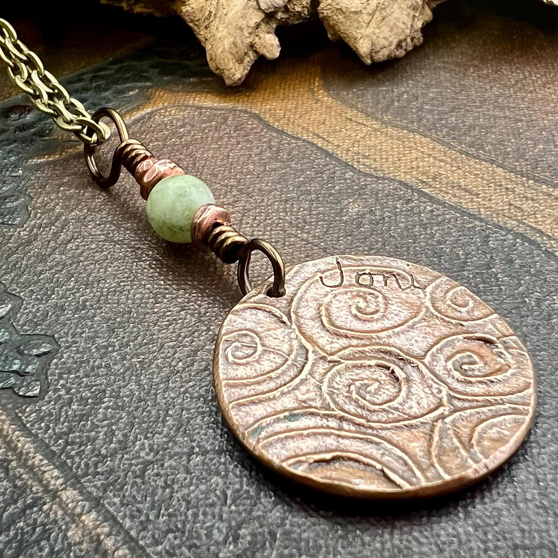 Celtic Sun Spiral Necklace, Copper Patina Pendant, Connemara Marble Bead, Irish Celtic Spirals, Colorful Sun, Pagan Celtic Witch, Handmade