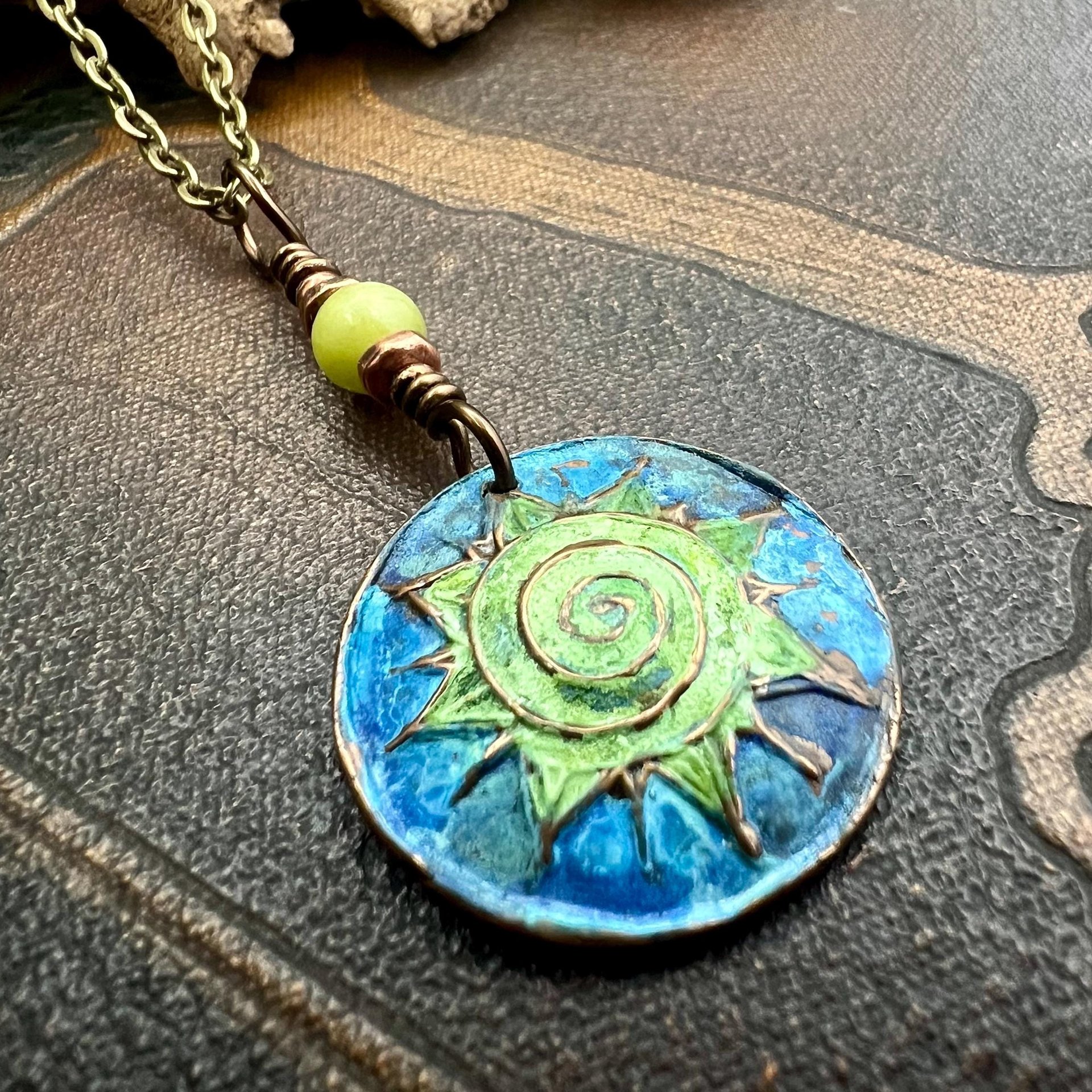 Celtic Sun Spiral Necklace, Copper Patina Pendant, Connemara Marble Bead, Irish Celtic Spirals, Colorful Sun, Pagan Celtic Witch, Handmade