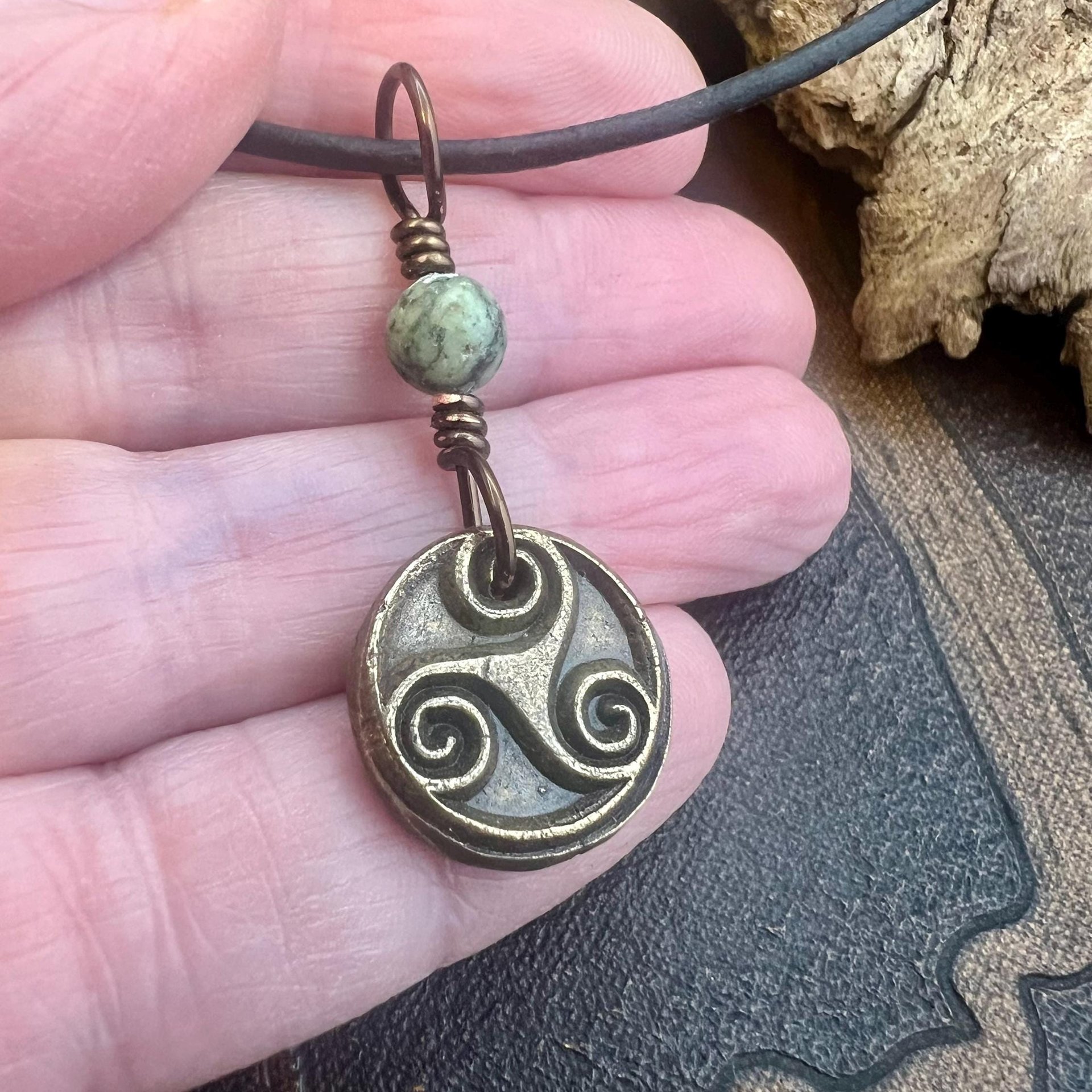 Triskele Bronze Charm, Wax Seal Charm, Connemara Marble Bead, Irish Celtic, 8 Anniversary, Celtic Witch, Triskelion Triple Spiral, Pagan