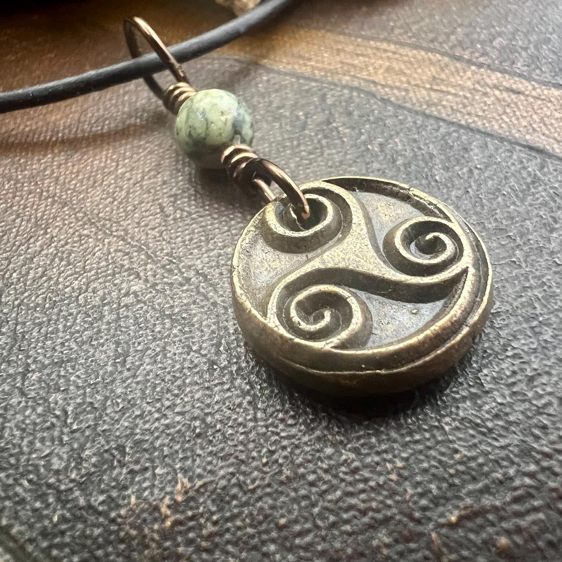 Triskele Bronze Charm, Wax Seal Charm, Connemara Marble Bead, Irish Celtic, 8 Anniversary, Celtic Witch, Triskelion Triple Spiral, Pagan