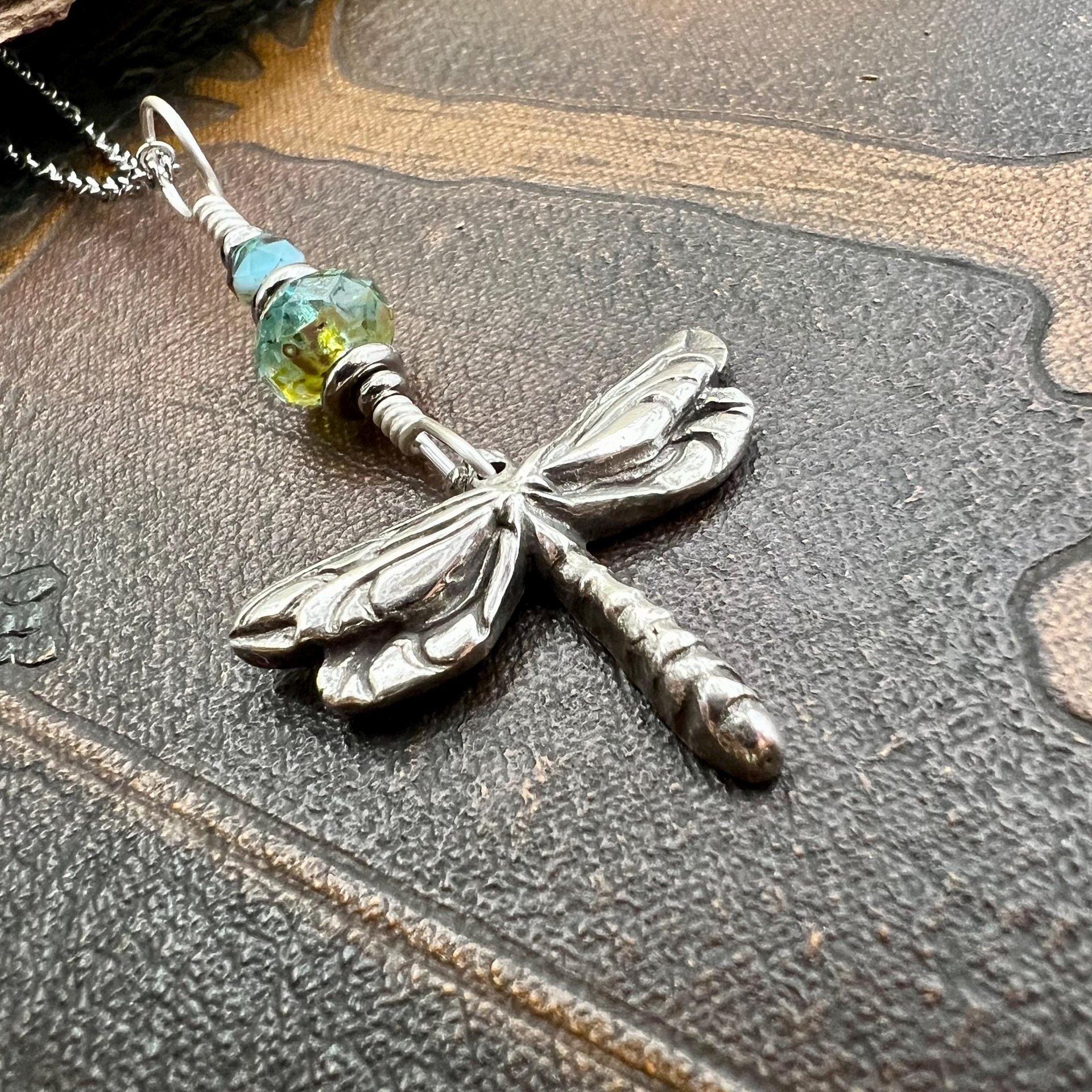 Dragonfly, Sterling Silver Charm, Czech Glass, Silver Dragonfly Necklace, Leather & Vegan Cords, Stainless Steel Chain, Earthy Nature Gifts