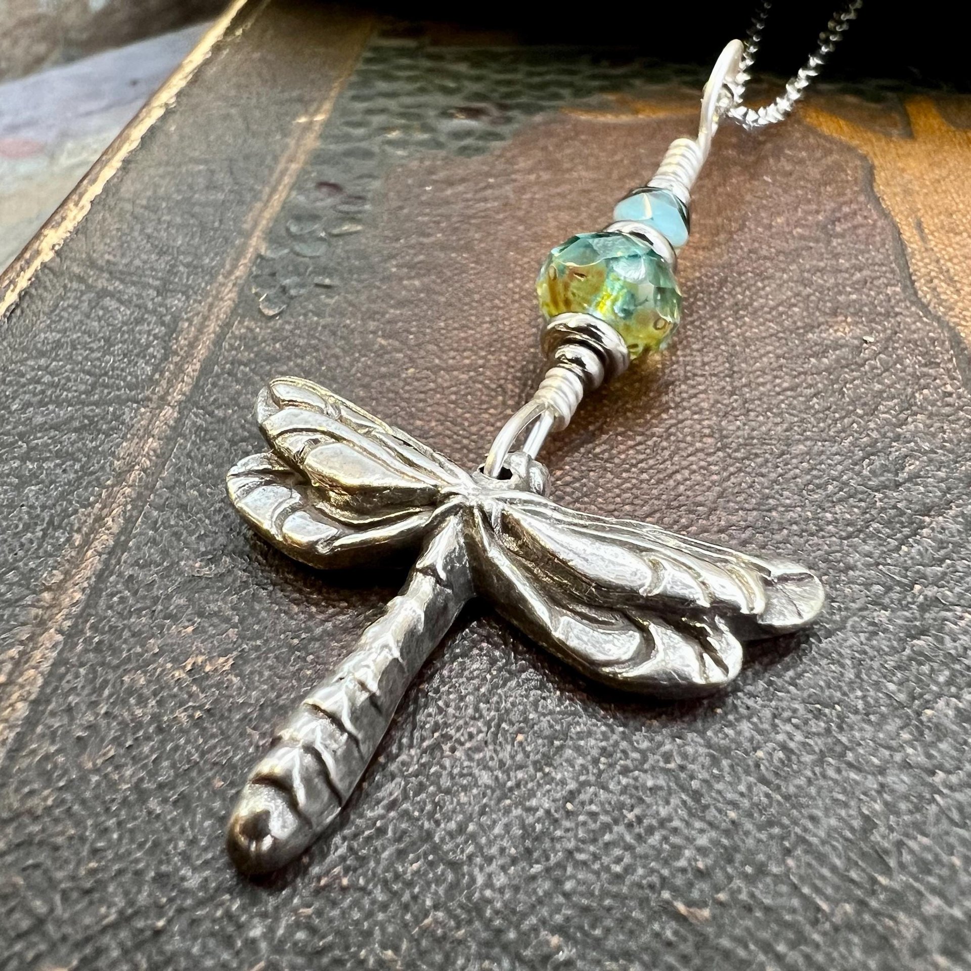 Dragonfly, Sterling Silver Charm, Czech Glass, Silver Dragonfly Necklace, Leather & Vegan Cords, Stainless Steel Chain, Earthy Nature Gifts