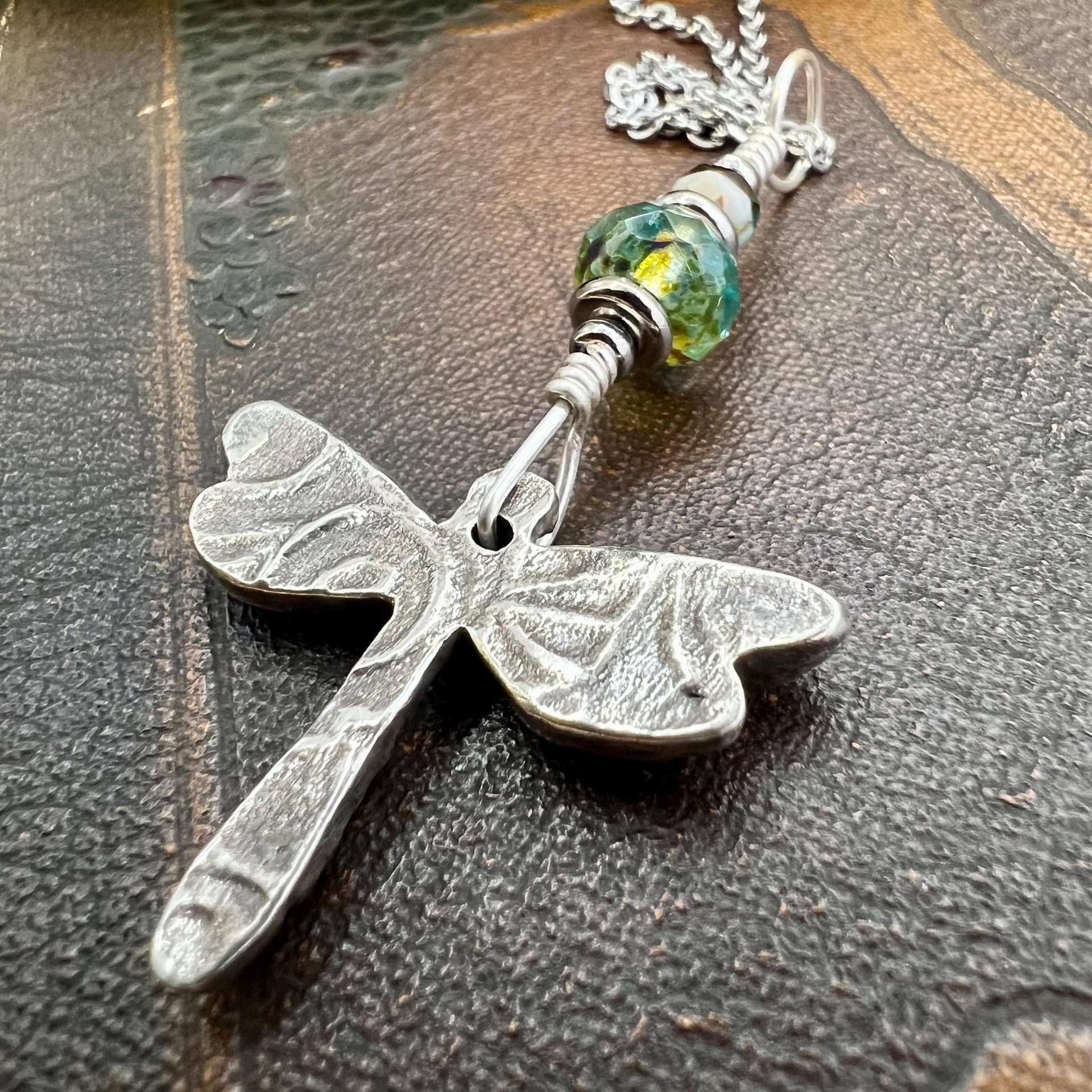 Dragonfly, Sterling Silver Charm, Czech Glass, Silver Dragonfly Necklace, Leather & Vegan Cords, Stainless Steel Chain, Earthy Nature Gifts