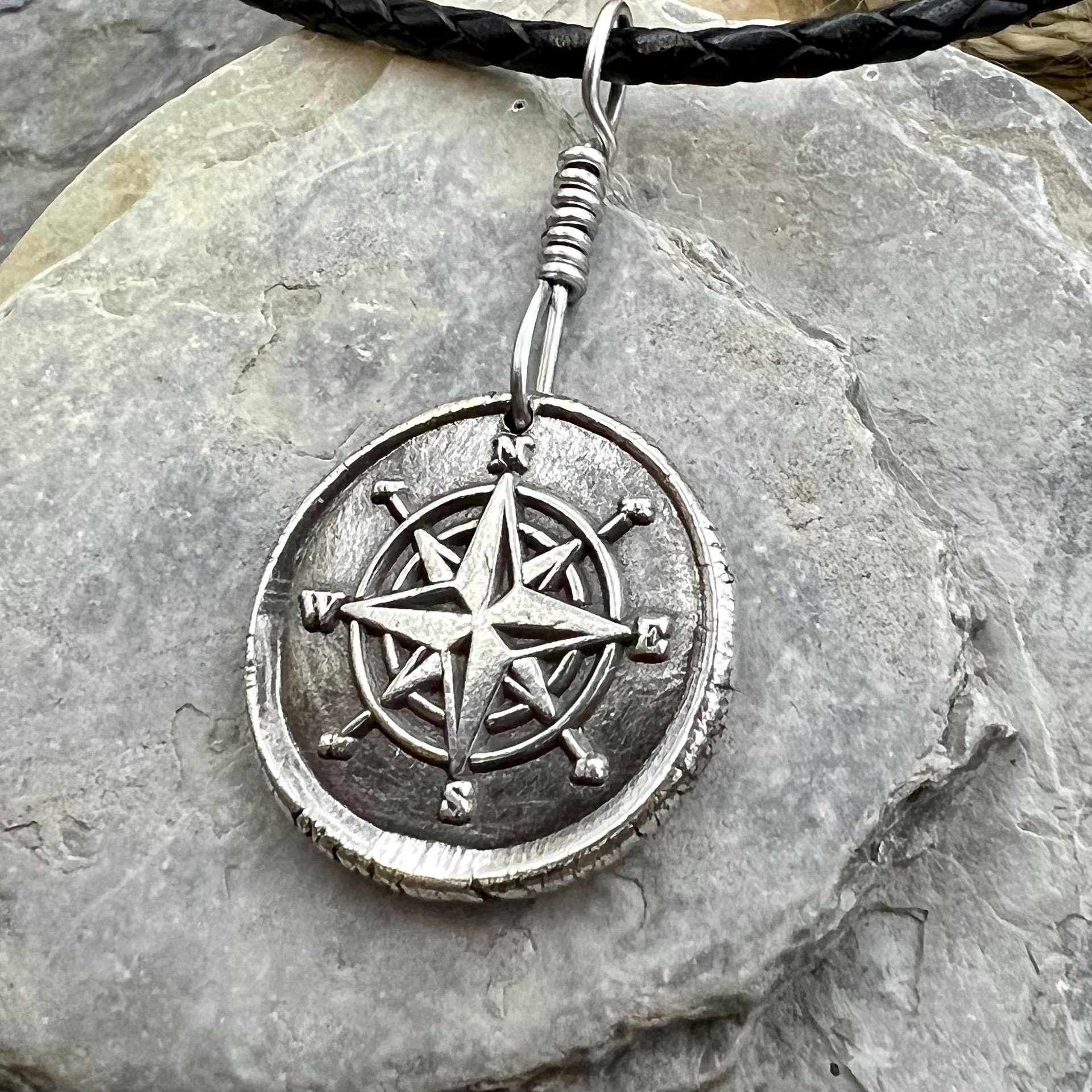 Compass Rose Charm, Sterling Silver Pendant, Wax Seal Charm, Sailing Nautical Jewelry, Guidance Journey Talisman, Handmade Art Jewelry