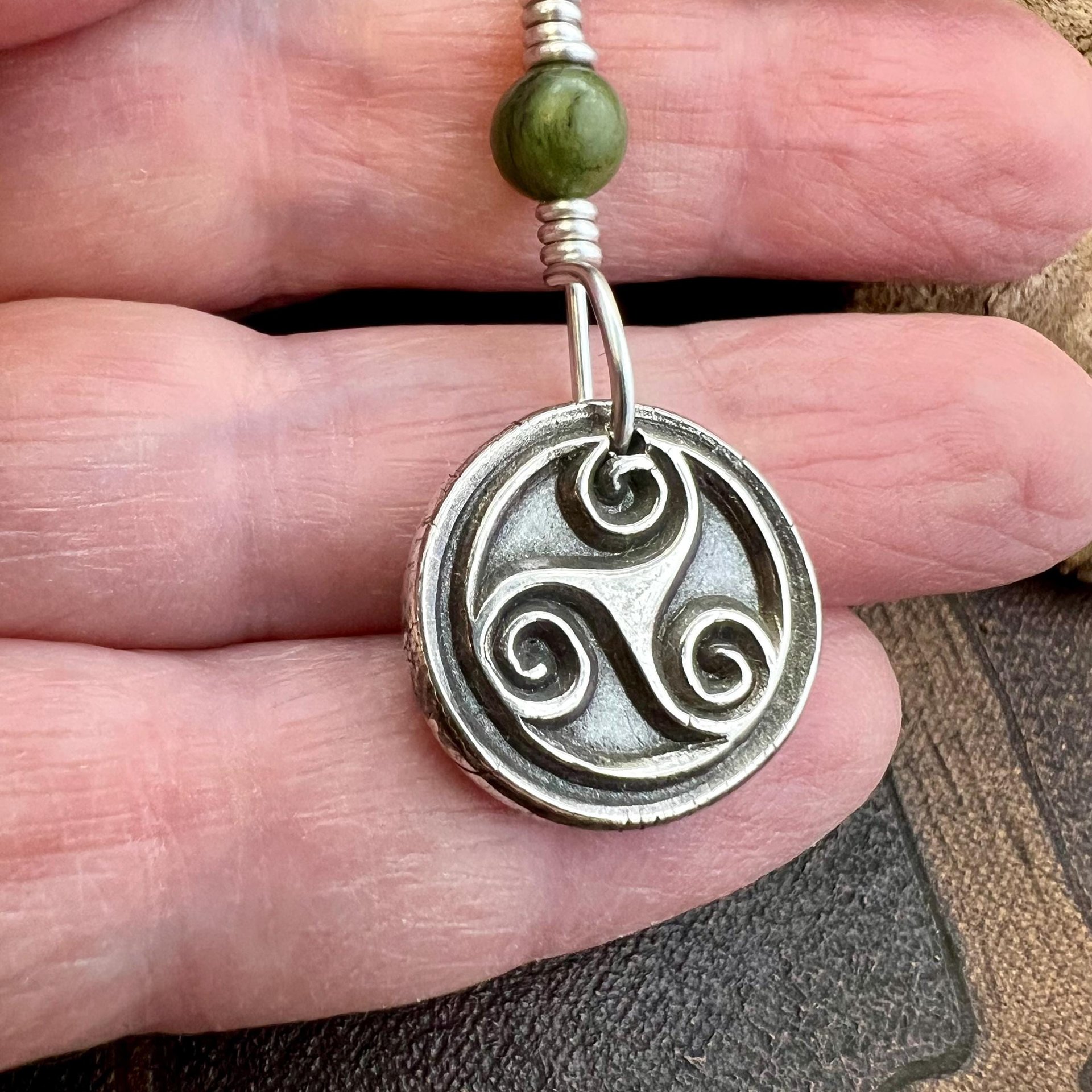 Sterling Silver Triskele, Connemara Marble Bead, Wax Seal Charm, Irish Celtic Jewelry, Triple Spiral, Triskelion, Triple Goddess, Trinity