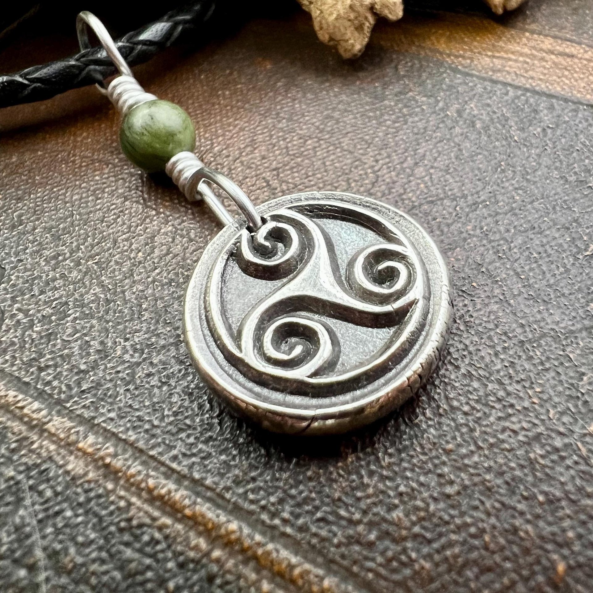 Sterling Silver Triskele, Connemara Marble Bead, Wax Seal Charm, Irish Celtic Jewelry, Triple Spiral, Triskelion, Triple Goddess, Trinity