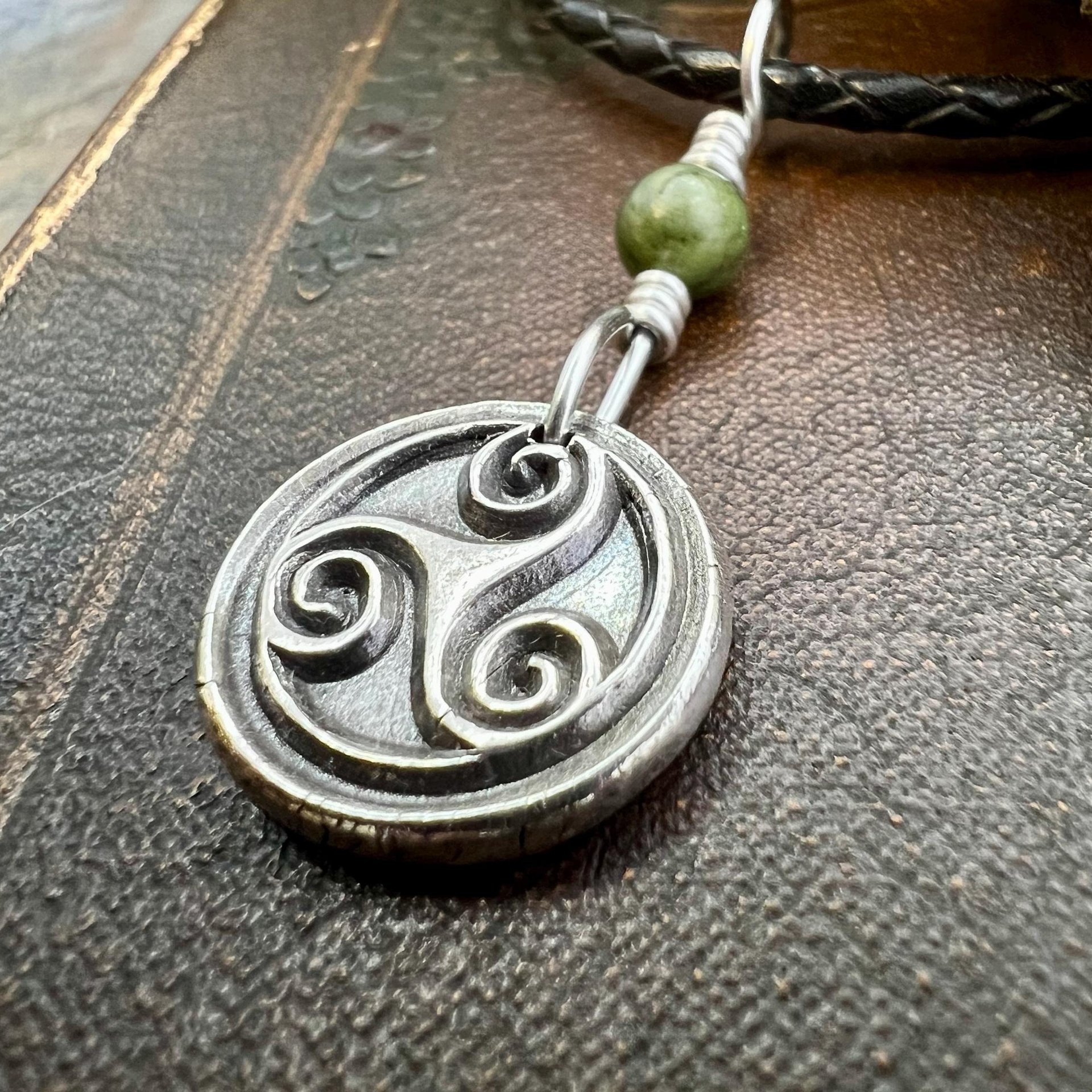Sterling Silver Triskele, Connemara Marble Bead, Wax Seal Charm, Irish Celtic Jewelry, Triple Spiral, Triskelion, Triple Goddess, Trinity