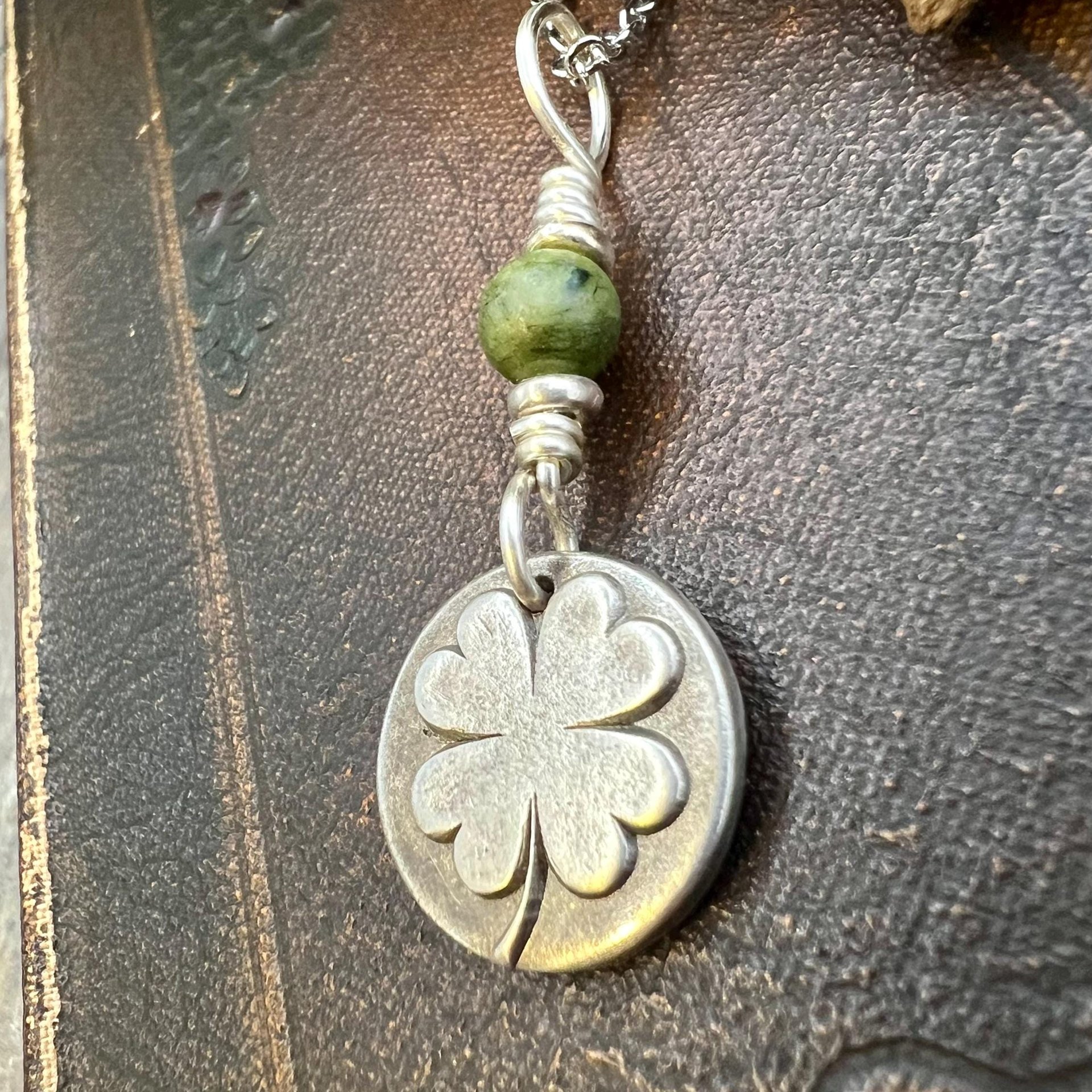 Four Leaf Clover, Sterling Silver, Wax Seal Charm, Connemara Marble, Irish Celtic Jewelry, Pagan Celtic Witch, 4 Leaf, Luck of the Irish