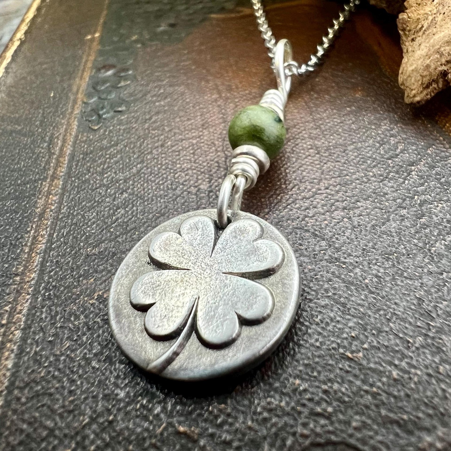 Four Leaf Clover, Sterling Silver, Wax Seal Charm, Connemara Marble, Irish Celtic Jewelry, Pagan Celtic Witch, 4 Leaf, Luck of the Irish