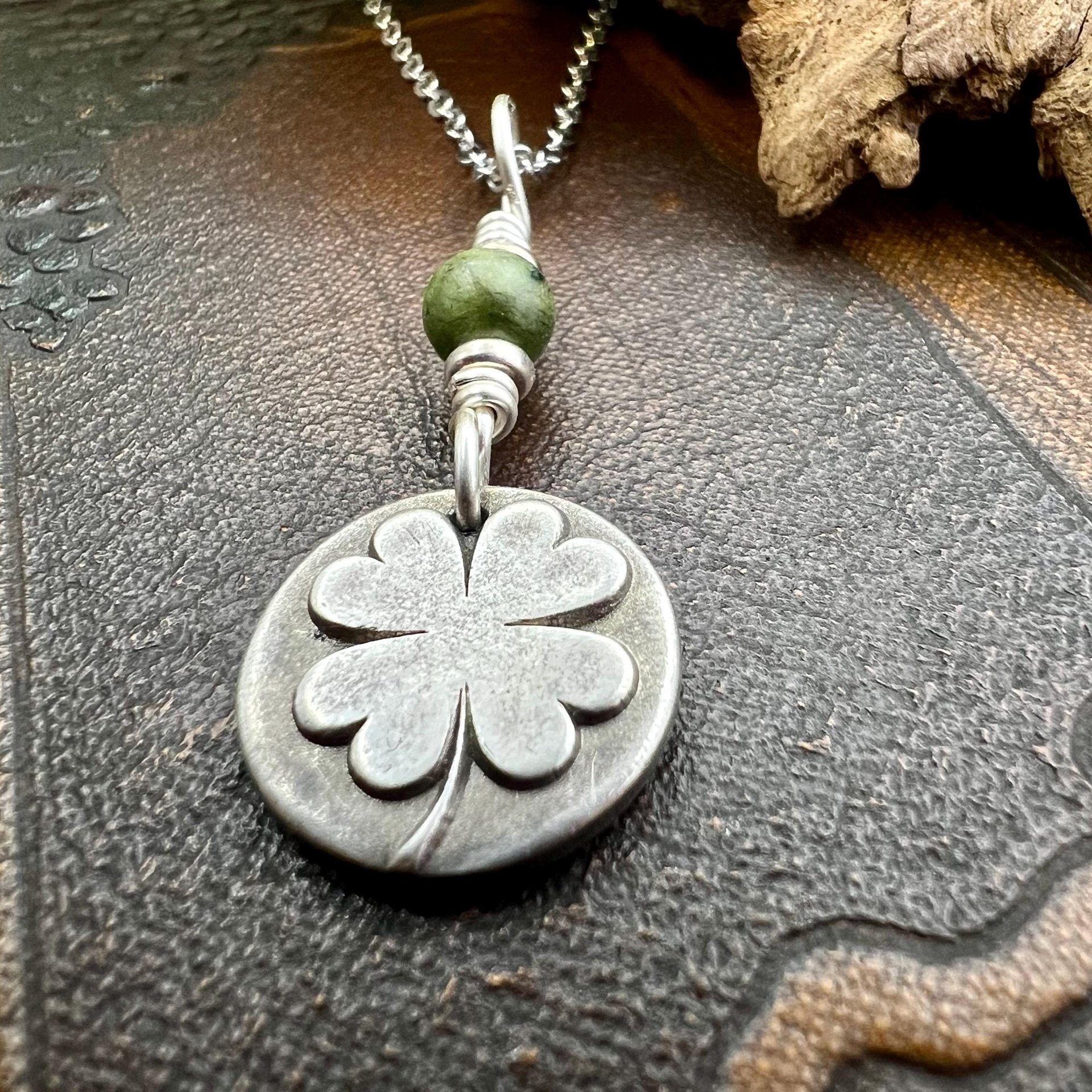 Four Leaf Clover, Sterling Silver, Wax Seal Charm, Connemara Marble, Irish Celtic Jewelry, Pagan Celtic Witch, 4 Leaf, Luck of the Irish